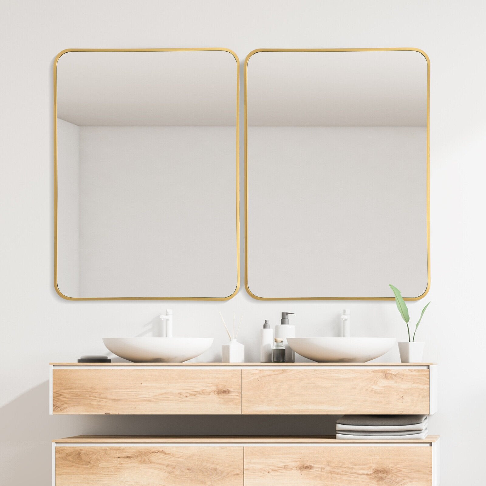 Metal Framed Bathroom Mirror with Rounded Corners, Golden Wall Mirrors   at Gallery Canada