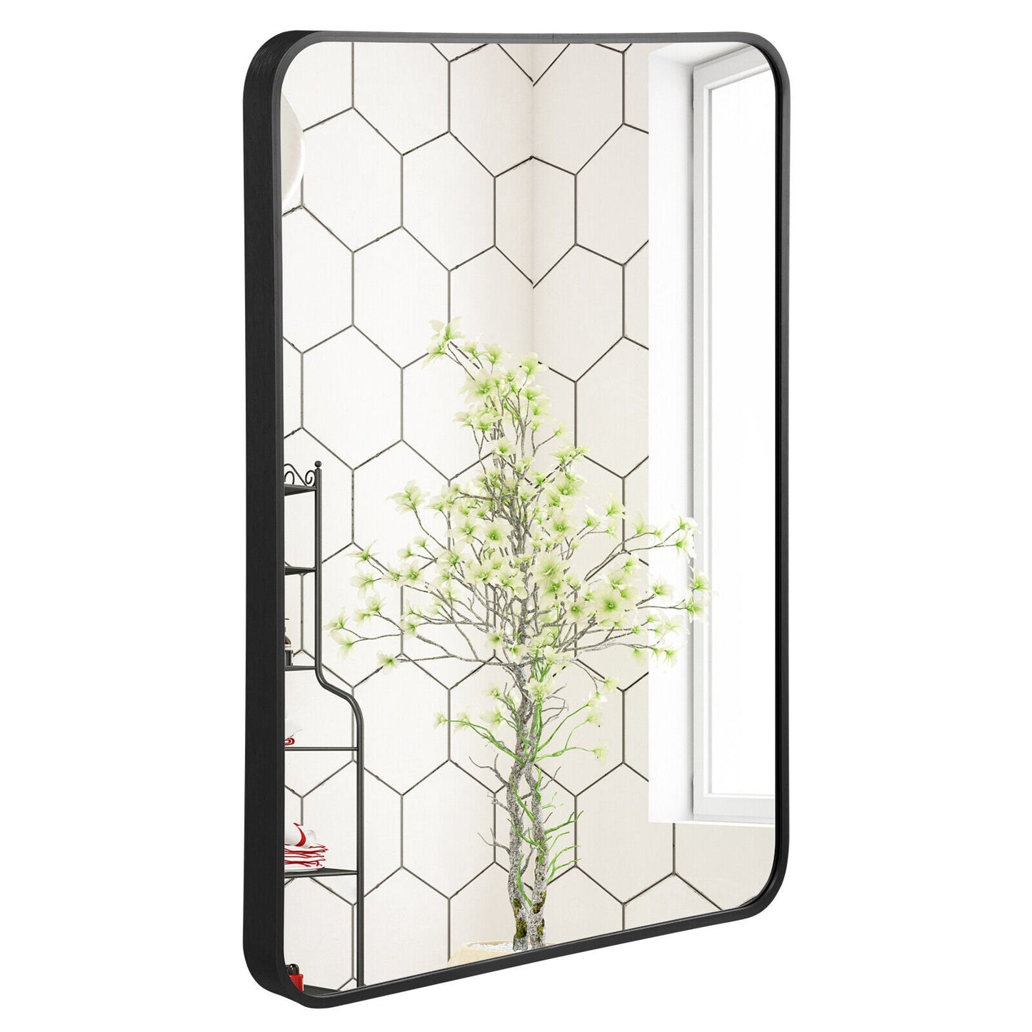 Metal Framed Bathroom Mirror with Rounded Corners, Black - Gallery Canada