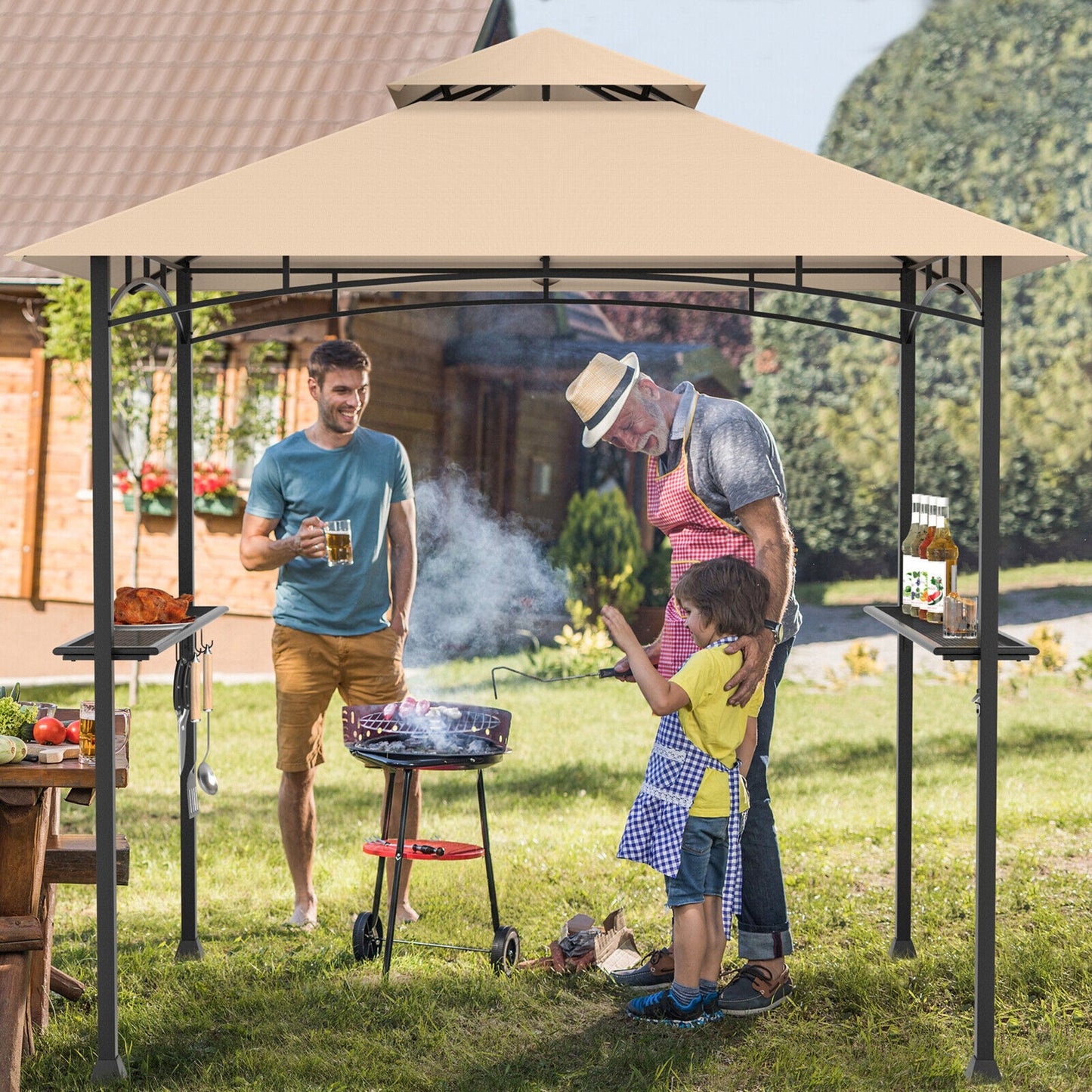 8 x 5 Feet Outdoor Barbecue Grill Gazebo Canopy Tent BBQ Shelter , Beige Gazebos   at Gallery Canada