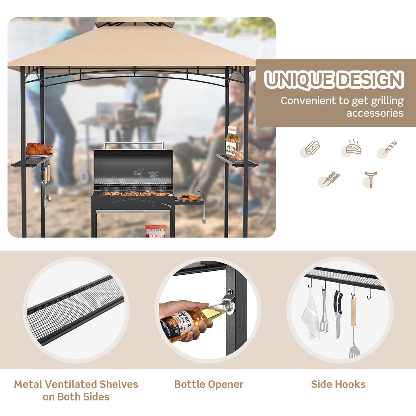 8 x 5 Feet Outdoor Barbecue Grill Gazebo Canopy Tent BBQ Shelter , Beige Gazebos   at Gallery Canada