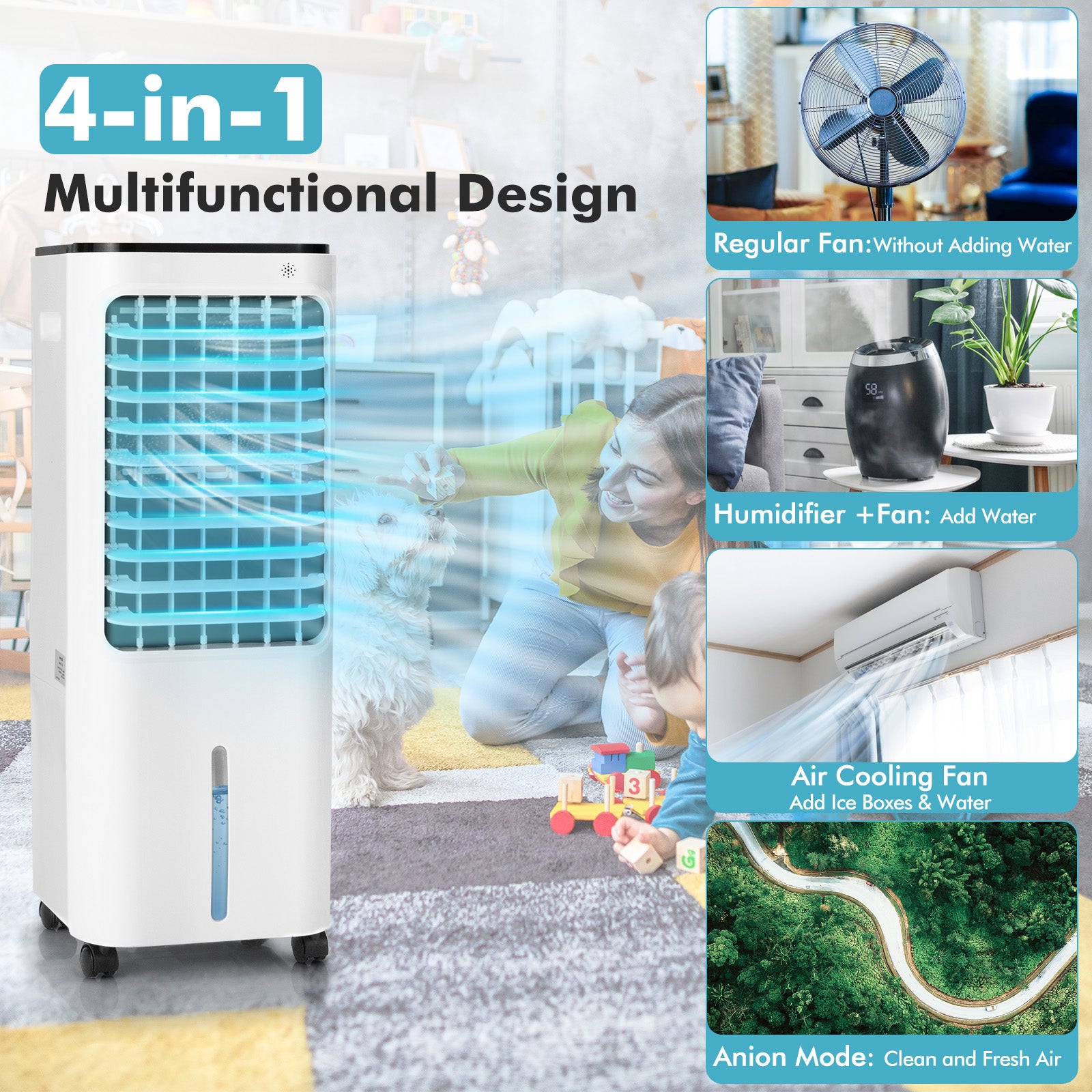 4-in-1 Evaporative Air Cooler with 12L Water Tank and 4 Ice Boxes, White Air Coolers at Gallery Canada