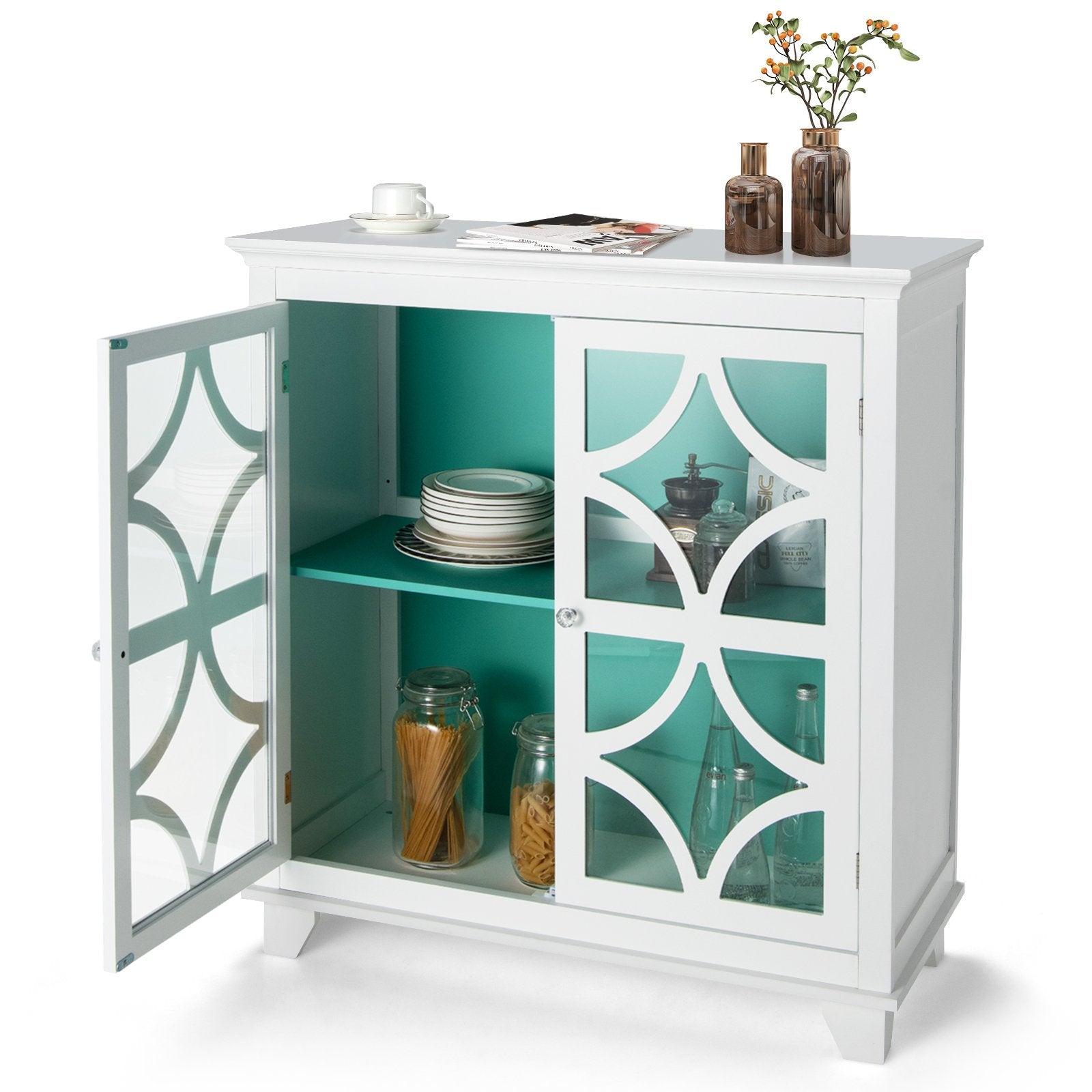 Kitchen Buffet Sideboard with Glass Doors and Adjustable Shelf, Green Sideboards Cabinets & Buffets   at Gallery Canada