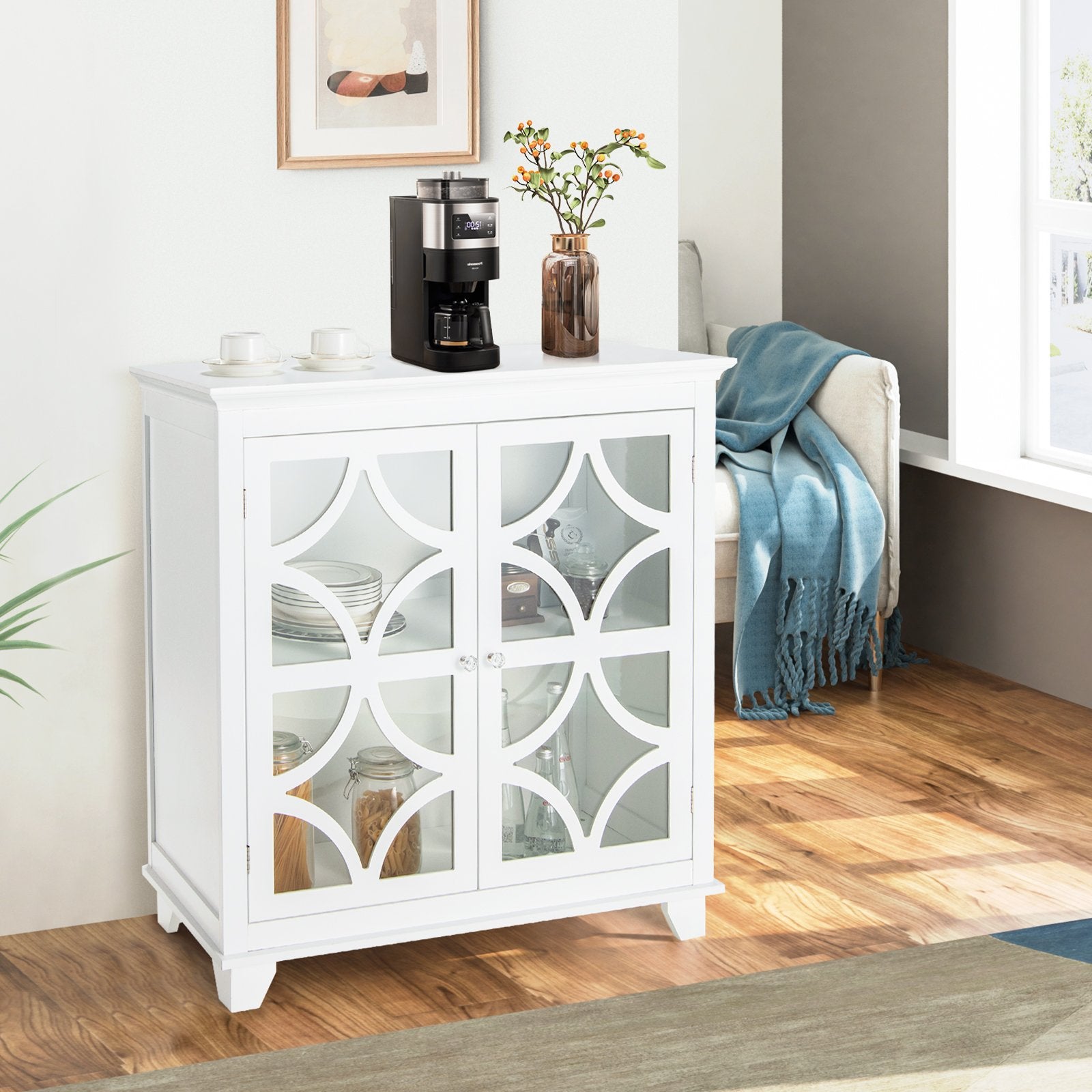 Kitchen Buffet Sideboard with Glass Doors and Adjustable Shelf, White Sideboards Cabinets & Buffets   at Gallery Canada