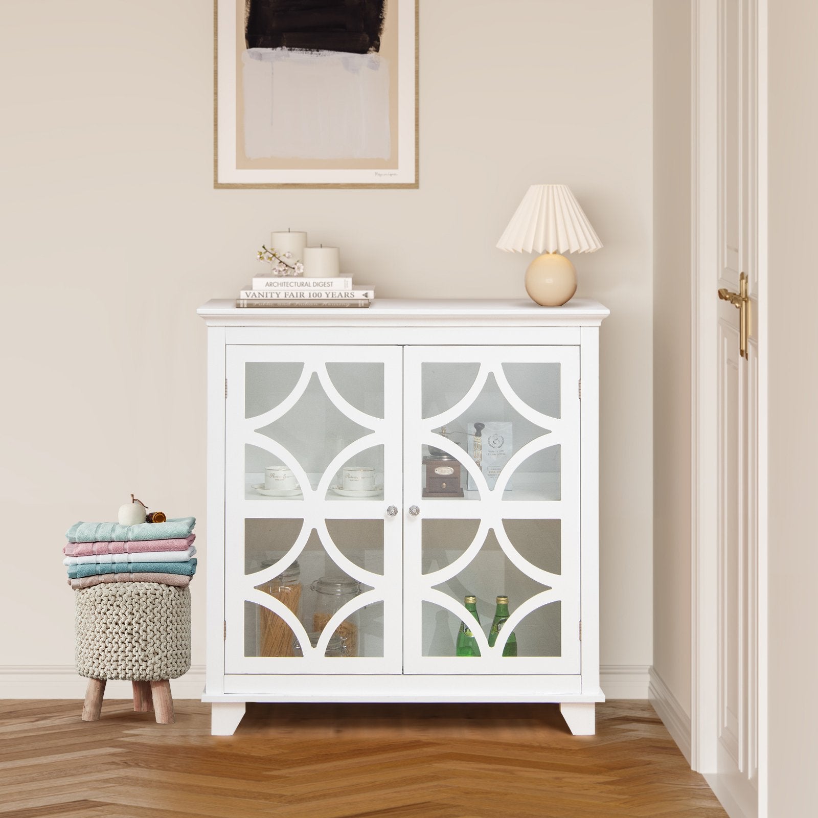 Kitchen Buffet Sideboard with Glass Doors and Adjustable Shelf, White Sideboards Cabinets & Buffets   at Gallery Canada