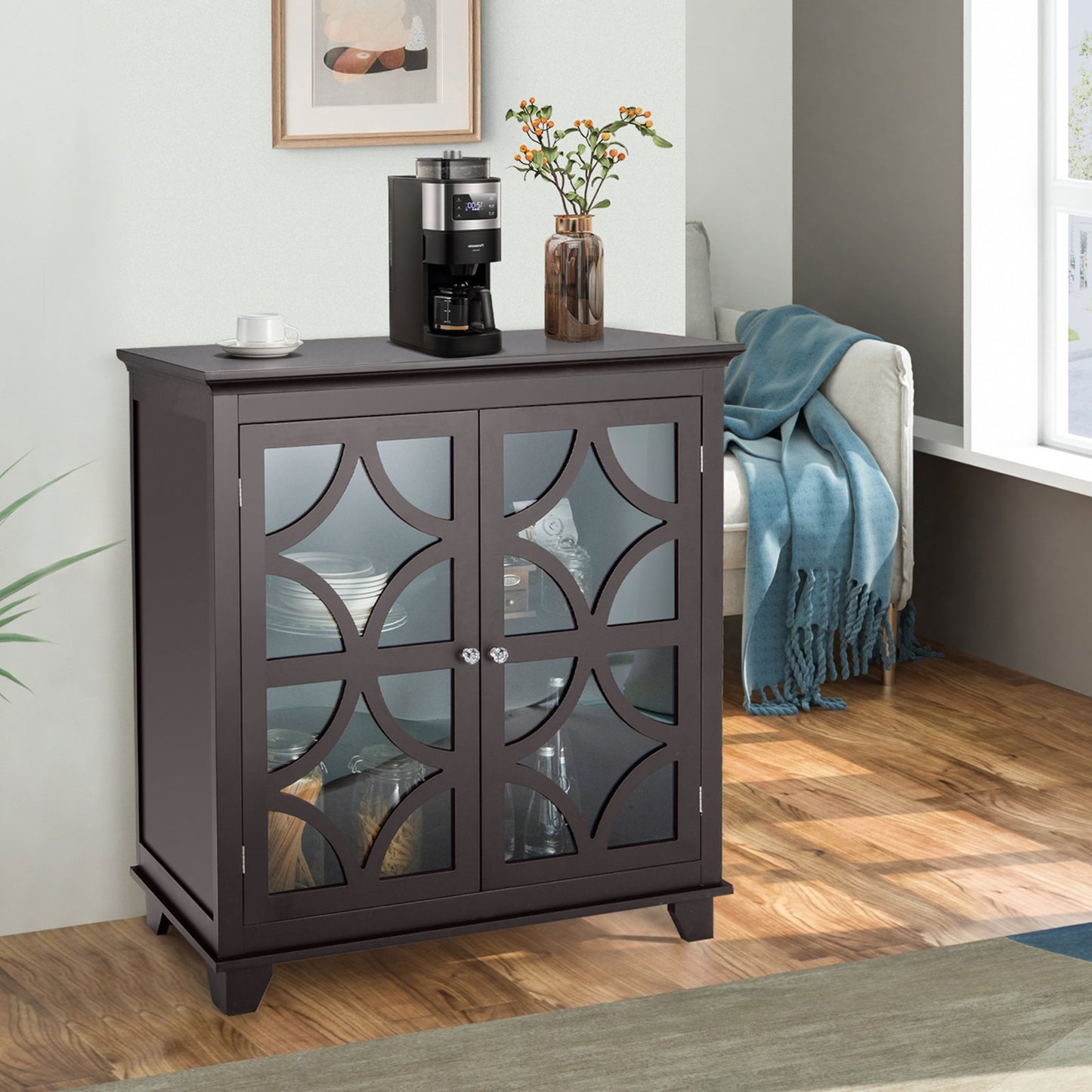 Kitchen Buffet Sideboard with Glass Doors and Adjustable Shelf, Brown Sideboards Cabinets & Buffets   at Gallery Canada