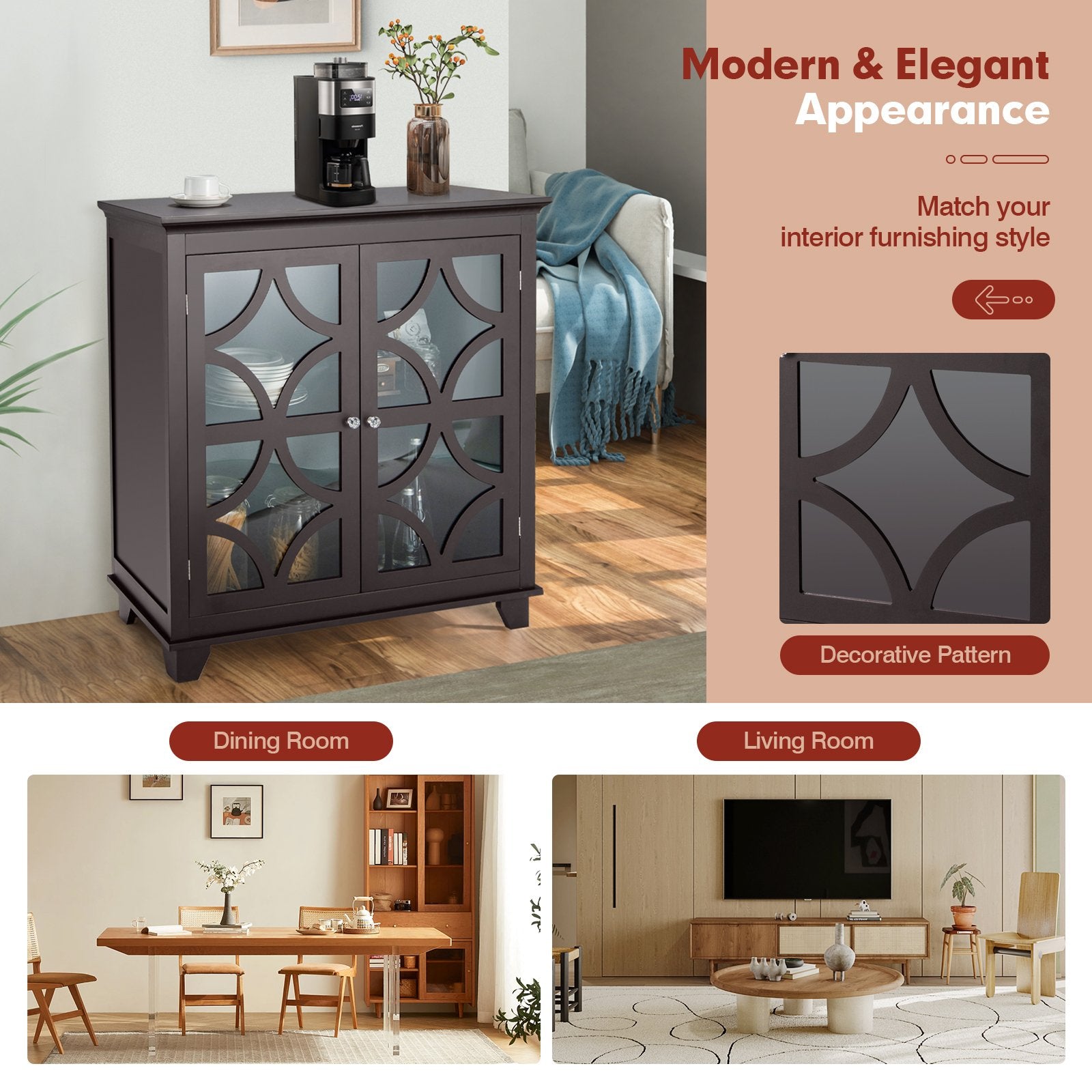 Kitchen Buffet Sideboard with Glass Doors and Adjustable Shelf, Brown Sideboards Cabinets & Buffets   at Gallery Canada