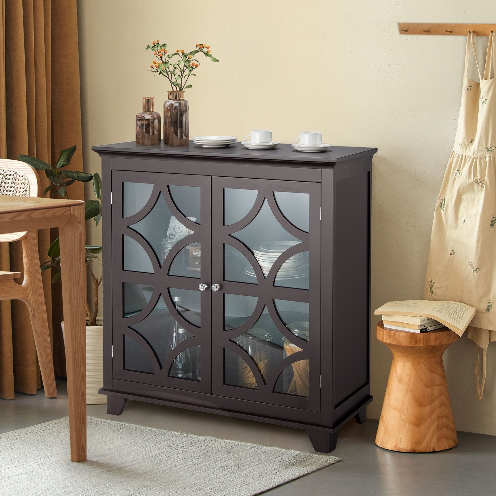 Kitchen Buffet Sideboard with Glass Doors and Adjustable Shelf, Brown Sideboards Cabinets & Buffets   at Gallery Canada