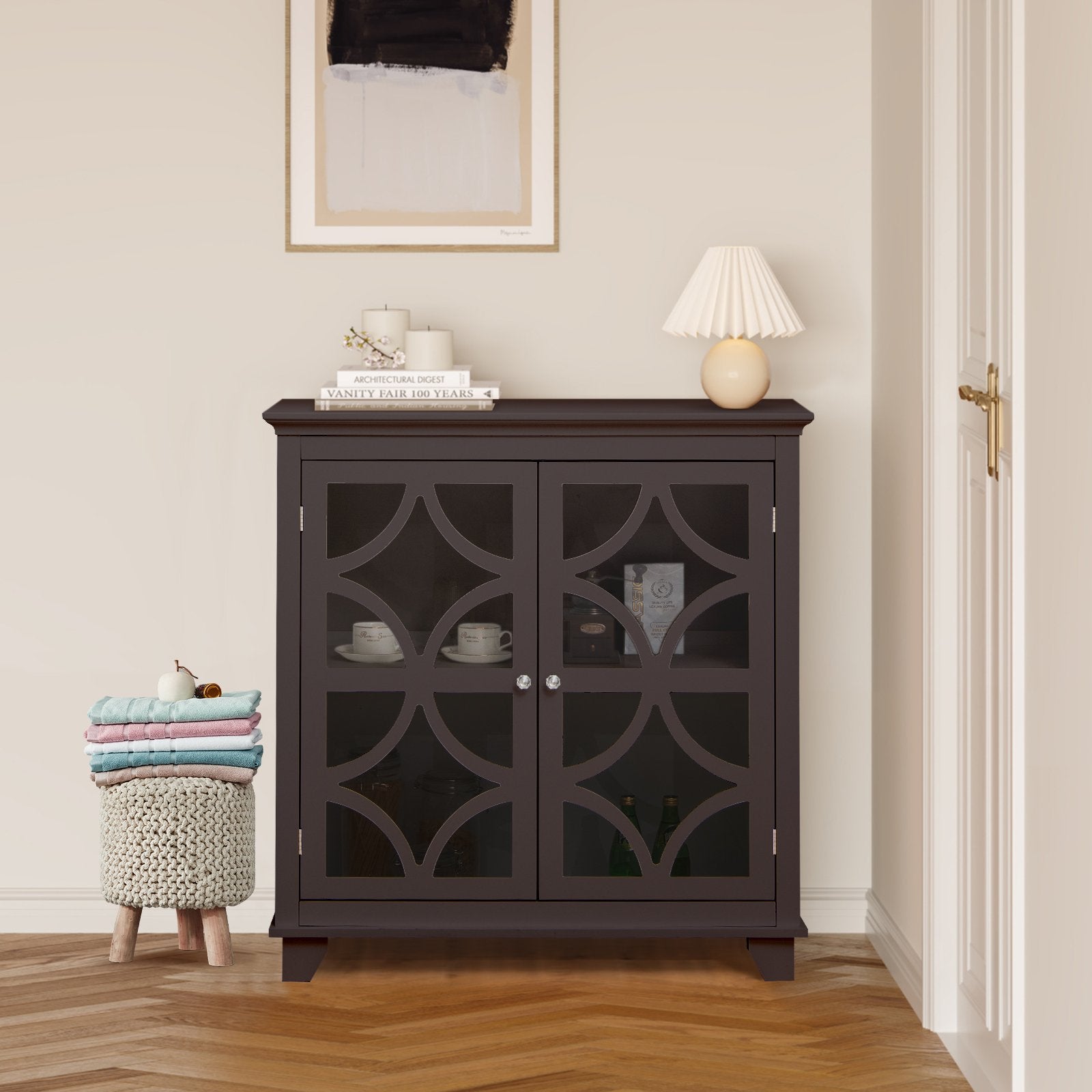 Kitchen Buffet Sideboard with Glass Doors and Adjustable Shelf, Brown Sideboards Cabinets & Buffets   at Gallery Canada