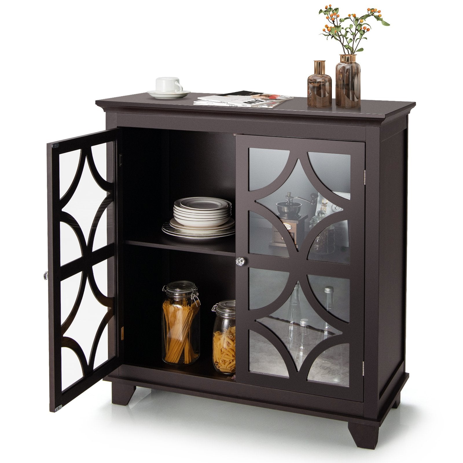 Kitchen Buffet Sideboard with Glass Doors and Adjustable Shelf, Brown Sideboards Cabinets & Buffets   at Gallery Canada