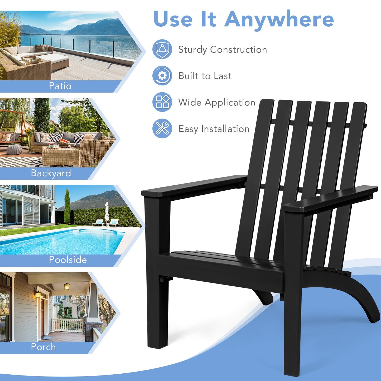 Outdoor Durable Patio Acacia Wood Adirondack Lounge Armchair, Black Adirondack Chairs   at Gallery Canada