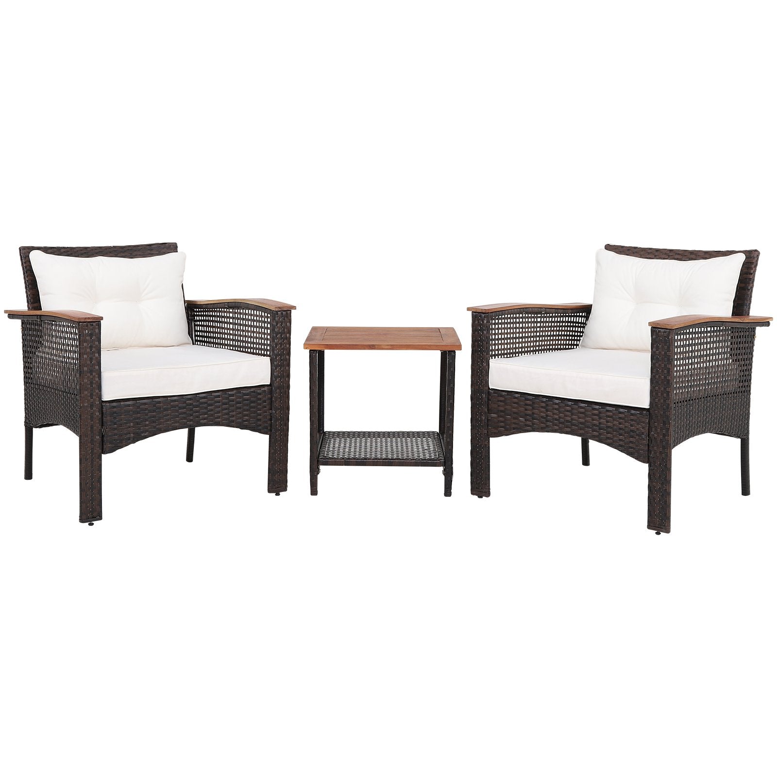 3 Pieces Patio Rattan Furniture Set with Acacia Wood Tabletop, Off White Patio Conversation Sets   at Gallery Canada