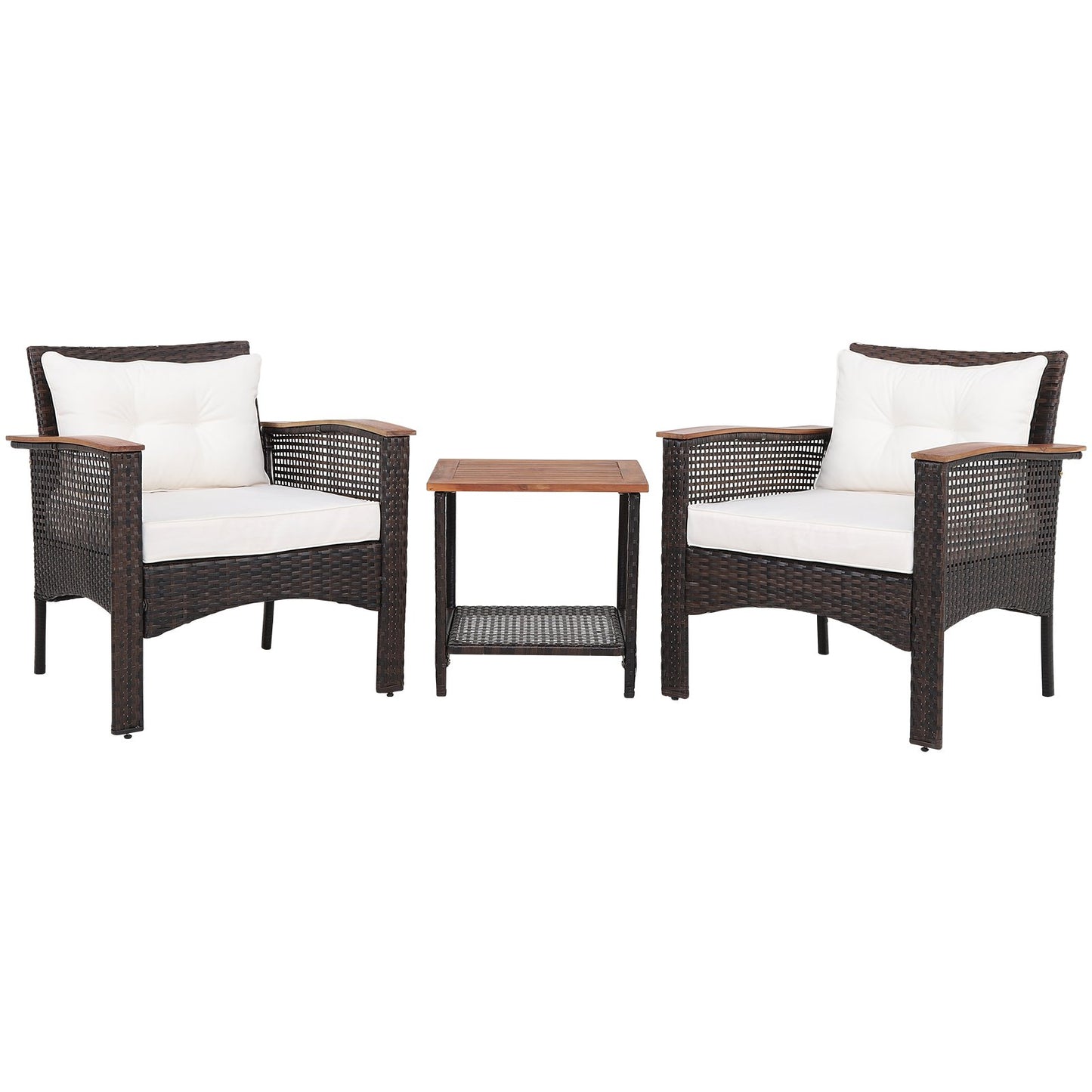 3 Pieces Patio Rattan Furniture Set with Acacia Wood Tabletop, Off White Patio Conversation Sets   at Gallery Canada