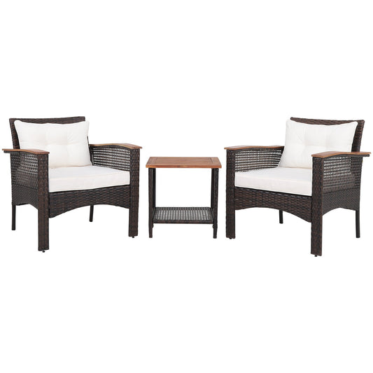 3 Pieces Patio Rattan Furniture Set with Acacia Wood Tabletop, Off White - Gallery Canada