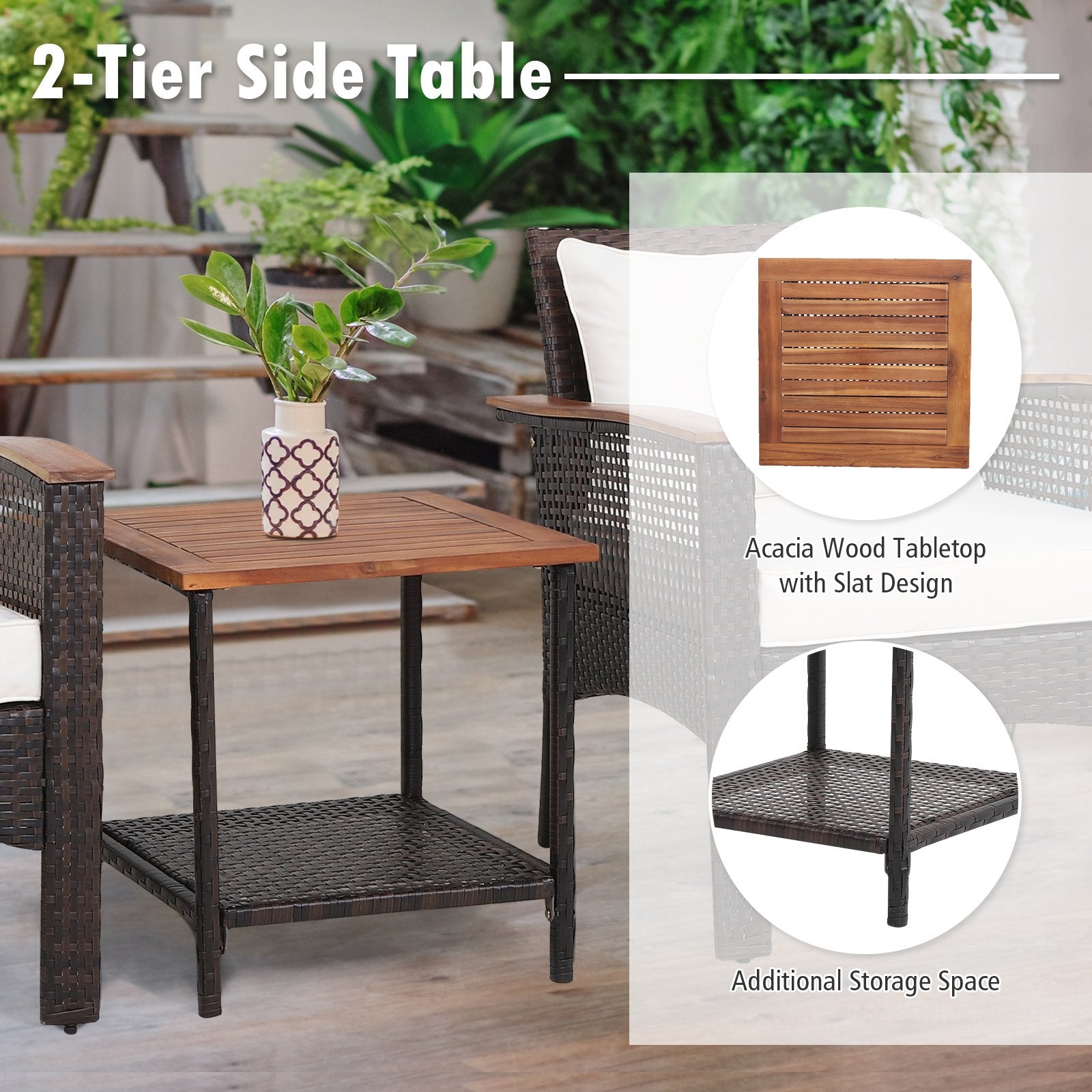 3 Pieces Patio Rattan Furniture Set with Acacia Wood Tabletop, Off White Patio Conversation Sets   at Gallery Canada