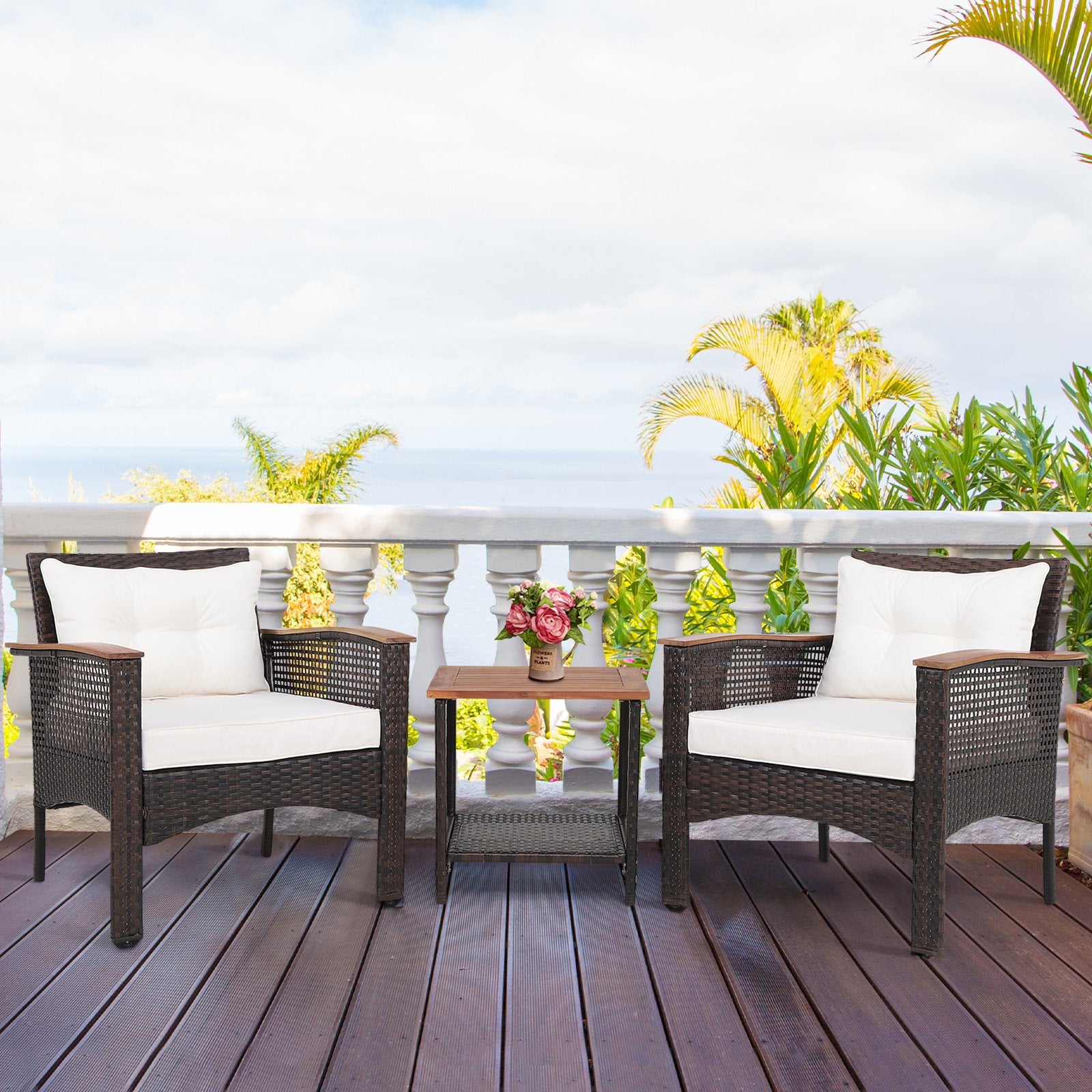 3 Pieces Patio Rattan Furniture Set with Acacia Wood Tabletop, Off White Patio Conversation Sets   at Gallery Canada