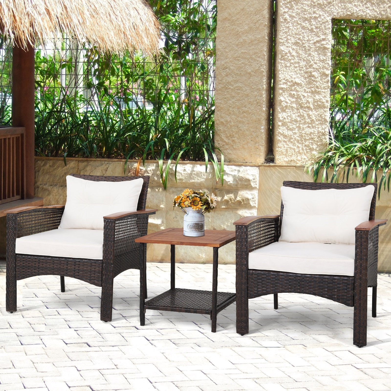 3 Pieces Patio Rattan Furniture Set with Acacia Wood Tabletop, Off White Patio Conversation Sets   at Gallery Canada