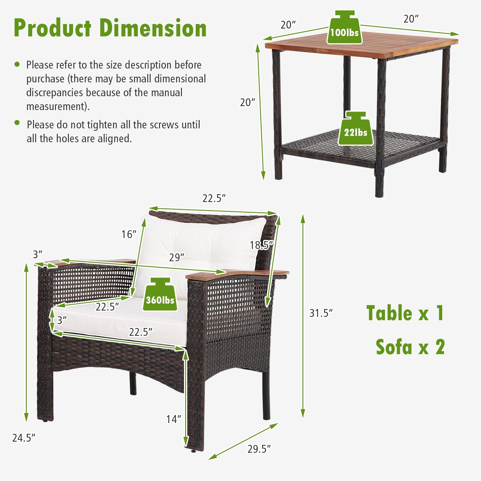 3 Pieces Patio Rattan Furniture Set with Acacia Wood Tabletop, Off White Patio Conversation Sets   at Gallery Canada