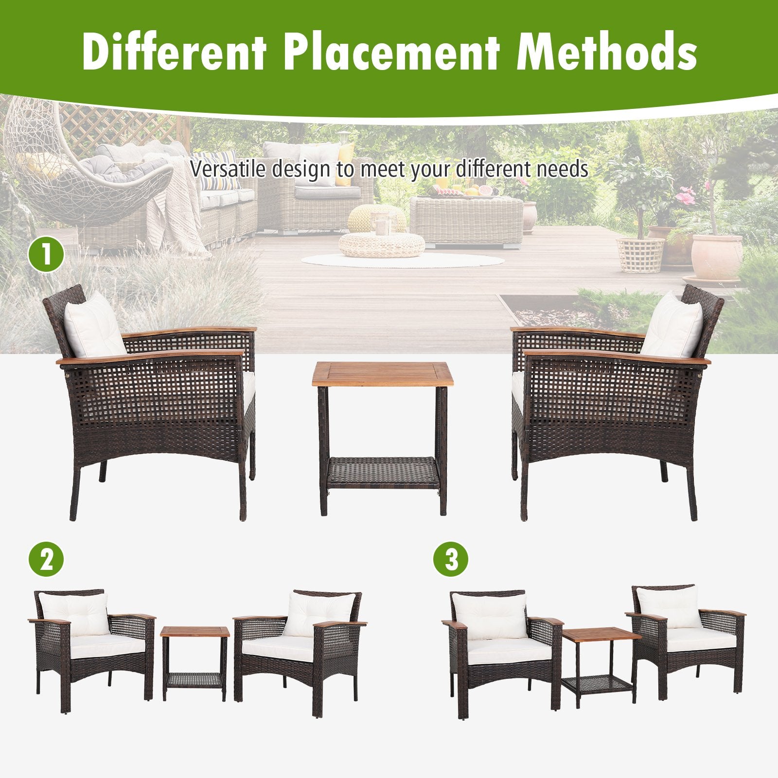 3 Pieces Patio Rattan Furniture Set with Acacia Wood Tabletop, Off White Patio Conversation Sets   at Gallery Canada