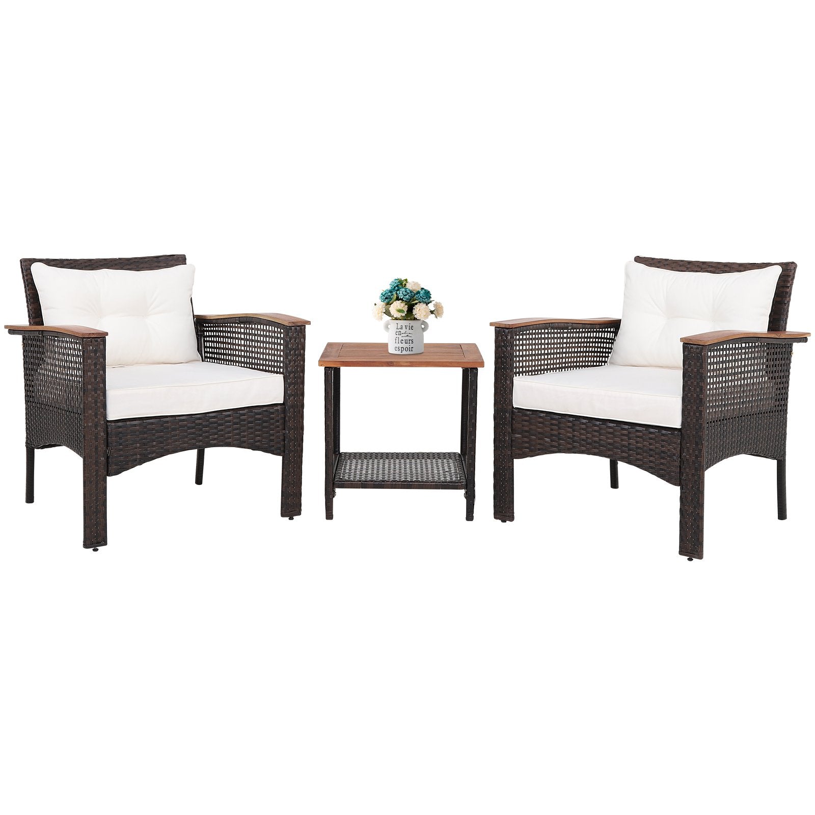 3 Pieces Patio Rattan Furniture Set with Acacia Wood Tabletop, Off White Patio Conversation Sets   at Gallery Canada