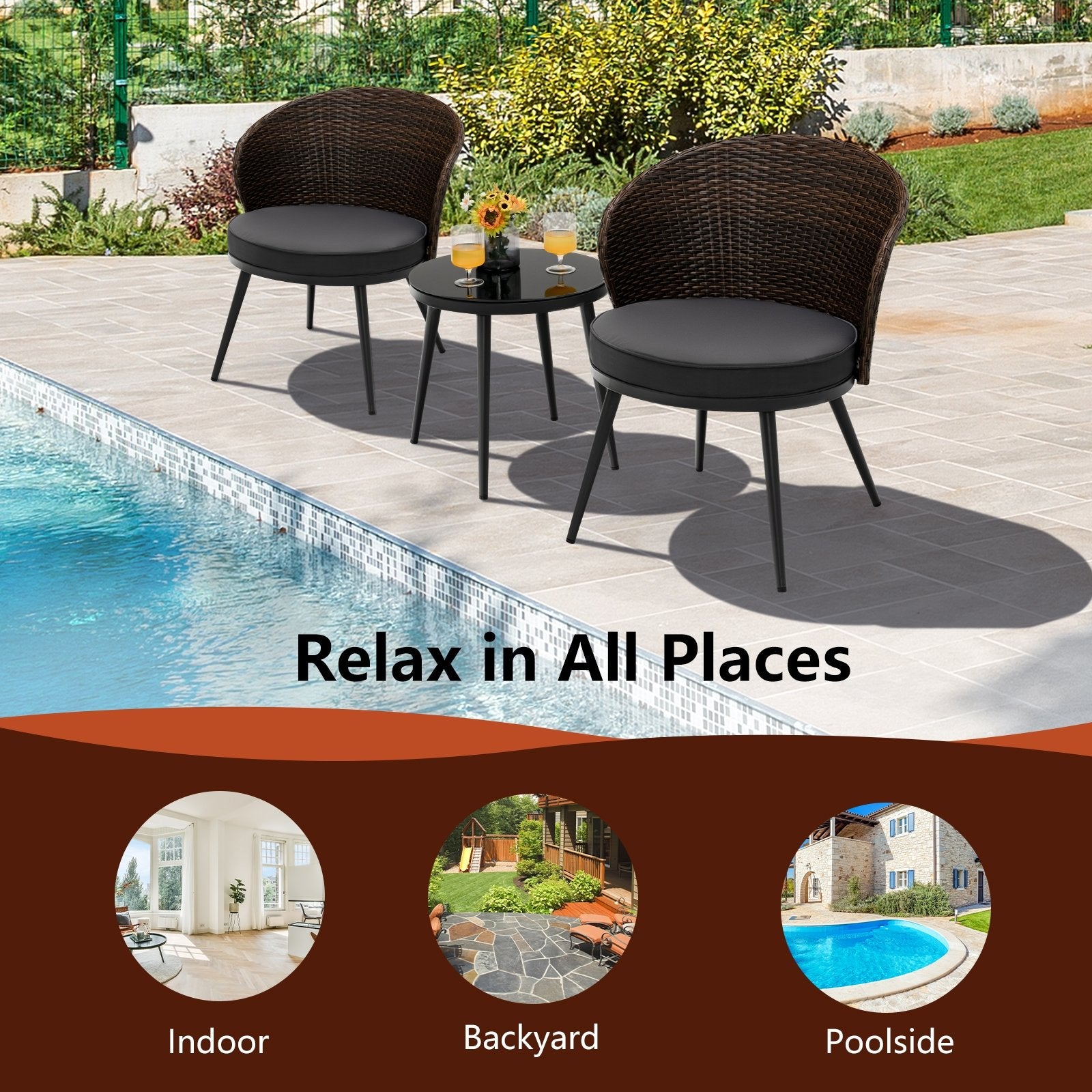 3 Pieces Patio Rattan Bistro Set with 2 Seat Cushions and Tempered Glass Tabletop, Brown Patio Conversation Sets   at Gallery Canada