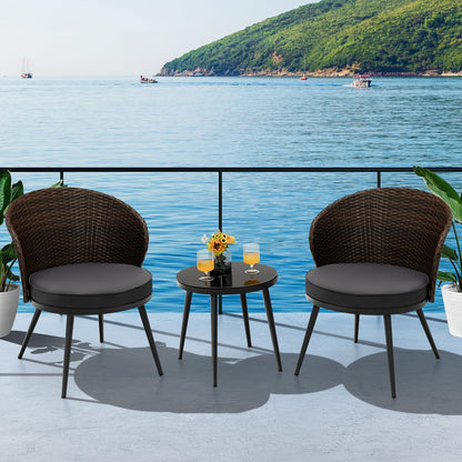 3 Pieces Patio Rattan Bistro Set with 2 Seat Cushions and Tempered Glass Tabletop, Brown Patio Conversation Sets   at Gallery Canada