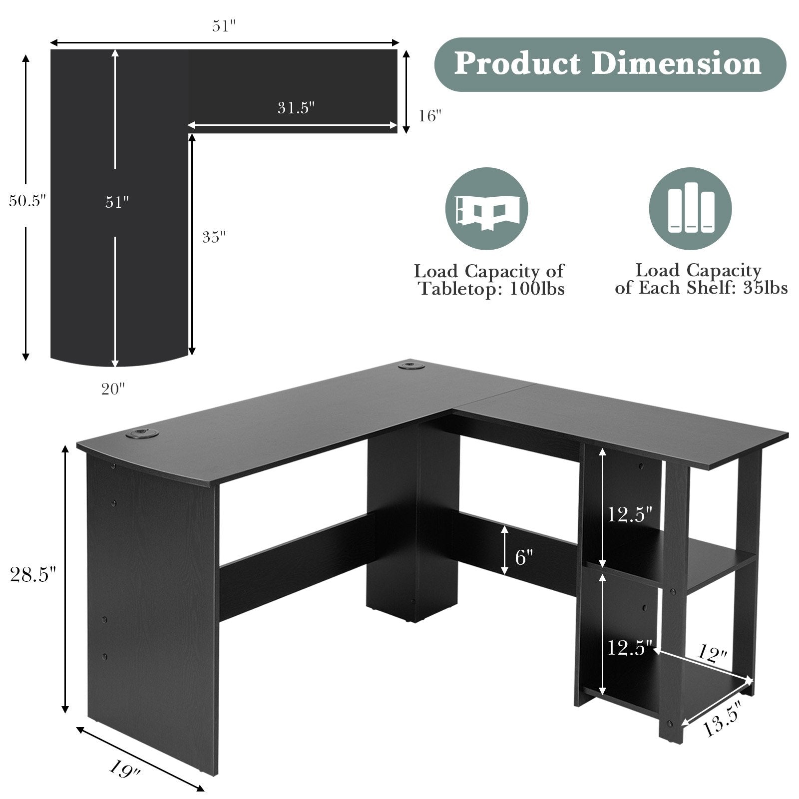 L Shaped Computer Desk Corner Writing Workstation with Storage Shelves, Black L-Shaped Desks   at Gallery Canada