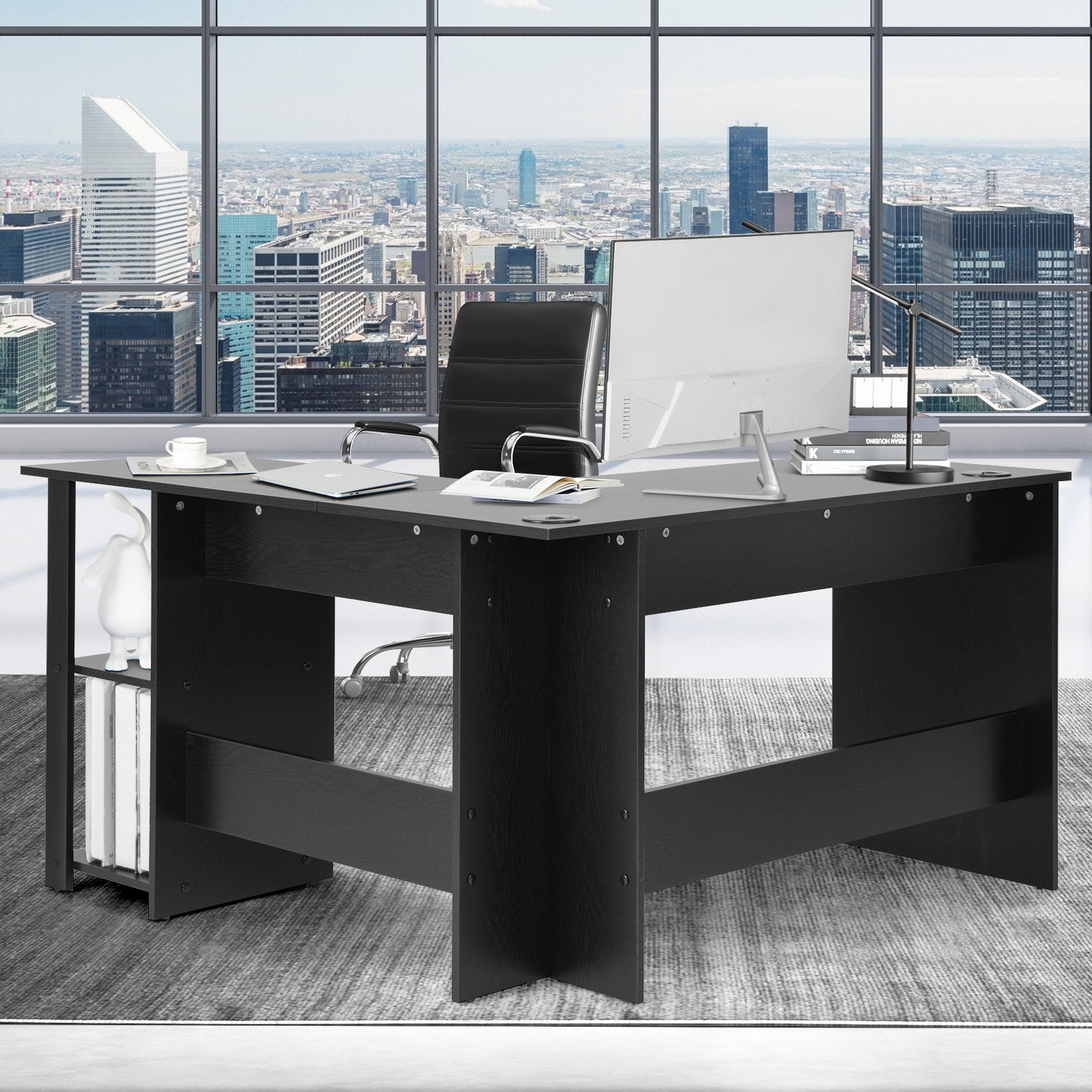 L Shaped Computer Desk Corner Writing Workstation with Storage Shelves, Black L-Shaped Desks   at Gallery Canada