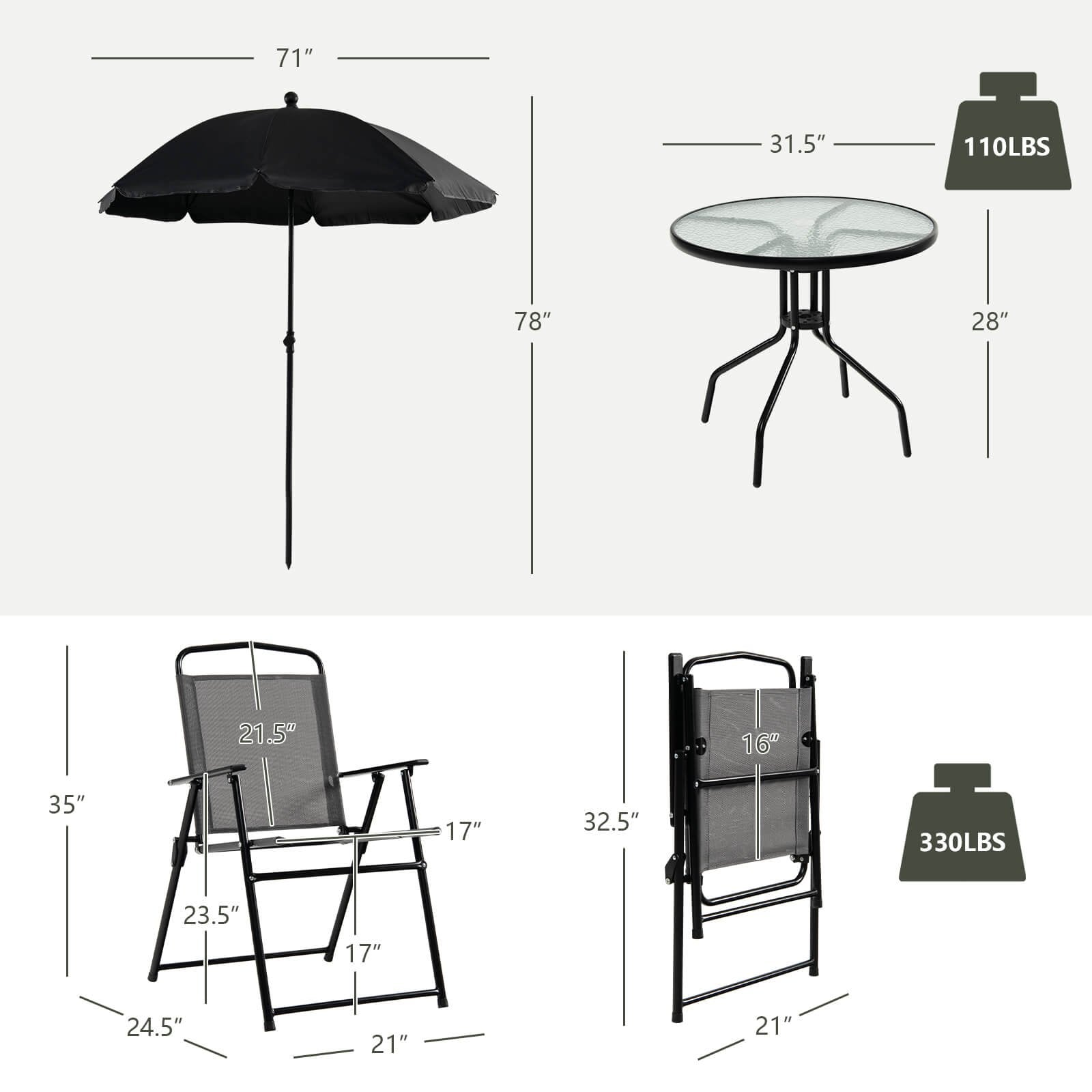 6 Pieces Patio Dining Set Folding Chairs Glass Table Tilt Umbrella for Garden, Gray Patio Dining Sets   at Gallery Canada