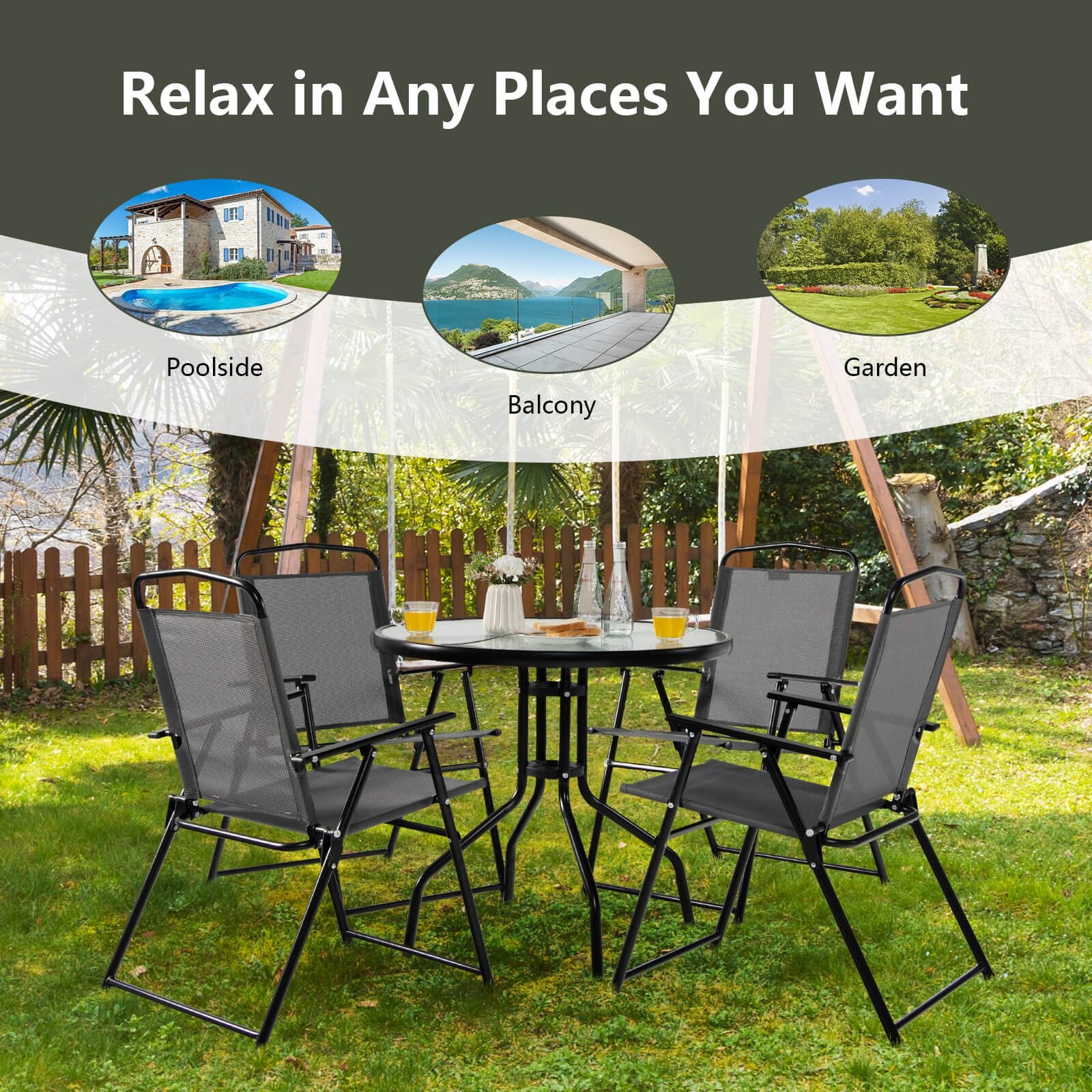 6 Pieces Patio Dining Set Folding Chairs Glass Table Tilt Umbrella for Garden, Gray Patio Dining Sets   at Gallery Canada