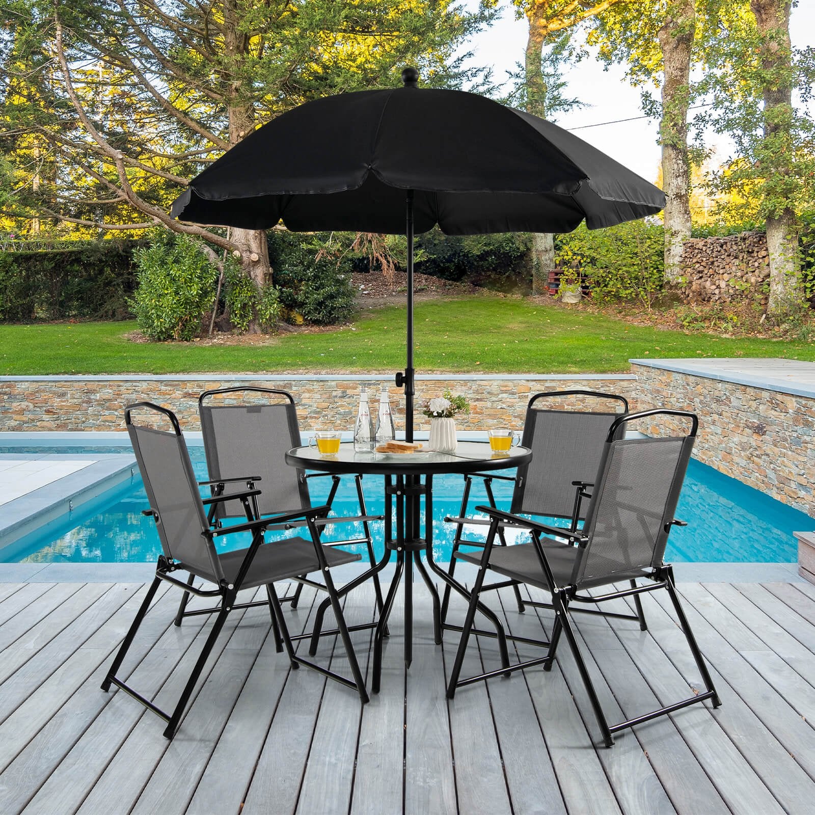 6 Pieces Patio Dining Set Folding Chairs Glass Table Tilt Umbrella for Garden, Gray Patio Dining Sets   at Gallery Canada