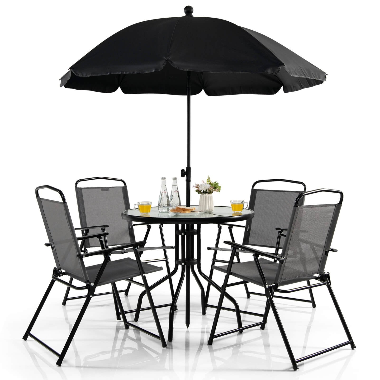 6 Pieces Patio Dining Set Folding Chairs Glass Table Tilt Umbrella for Garden, Gray Patio Dining Sets   at Gallery Canada