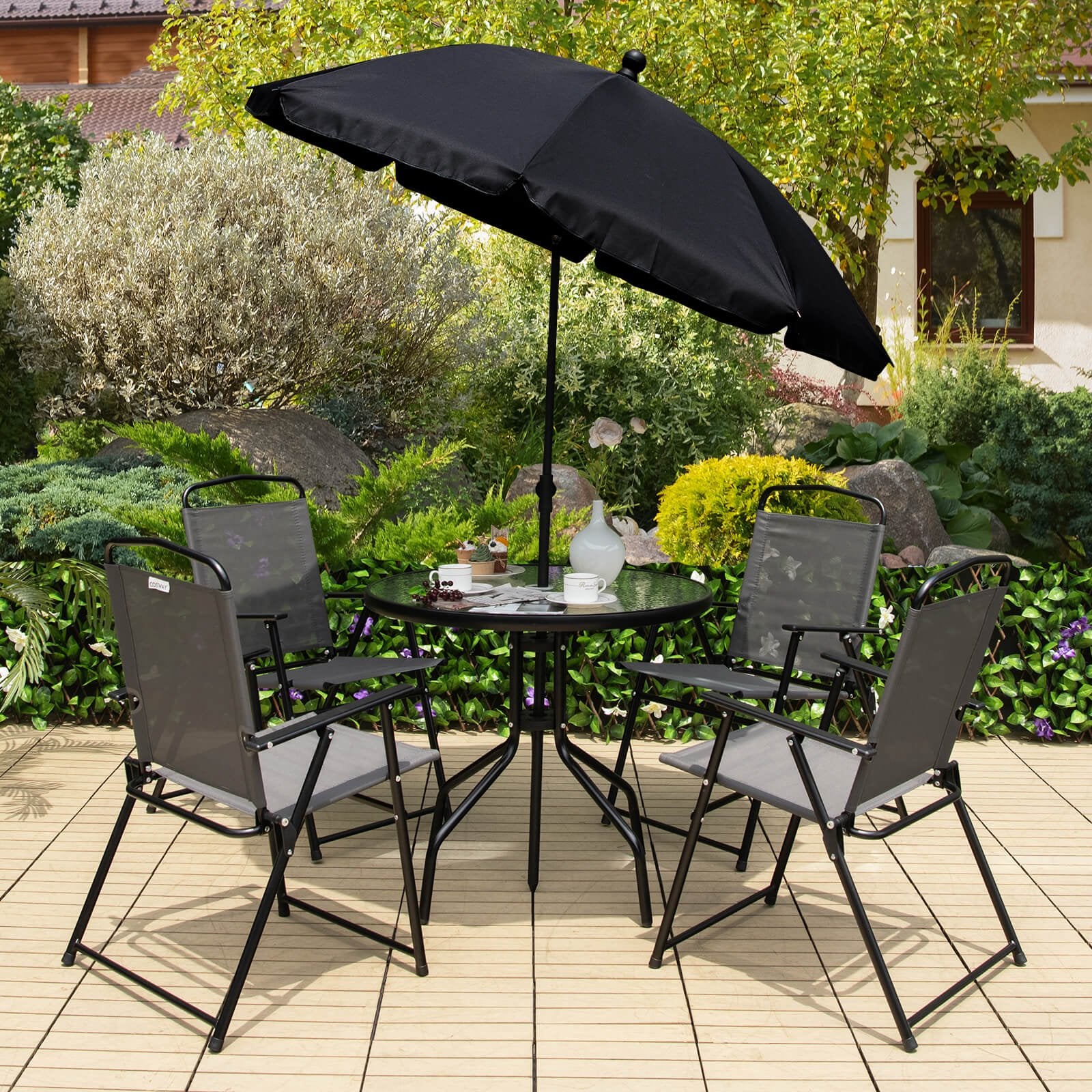 6 Pieces Patio Dining Set Folding Chairs Glass Table Tilt Umbrella for Garden, Gray Patio Dining Sets   at Gallery Canada