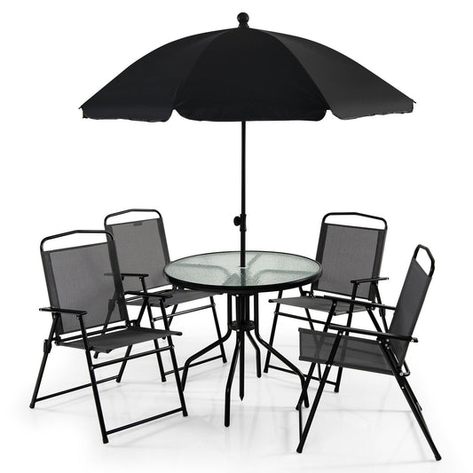 6 Pieces Patio Dining Set Folding Chairs Glass Table Tilt Umbrella for Garden, Gray Patio Dining Sets   at Gallery Canada