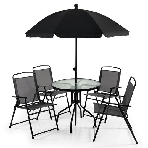 6 Pieces Patio Dining Set Folding Chairs Glass Table Tilt Umbrella for Garden, Gray