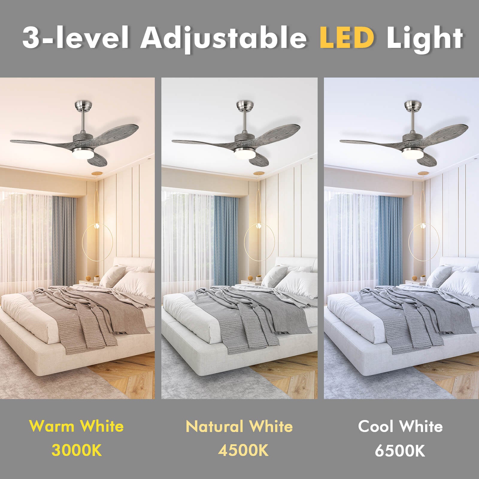 48 Inch Wood Ceiling Fan with LED Lights and 6 Speed Levels, Silver Ceiling Fans at Gallery Canada