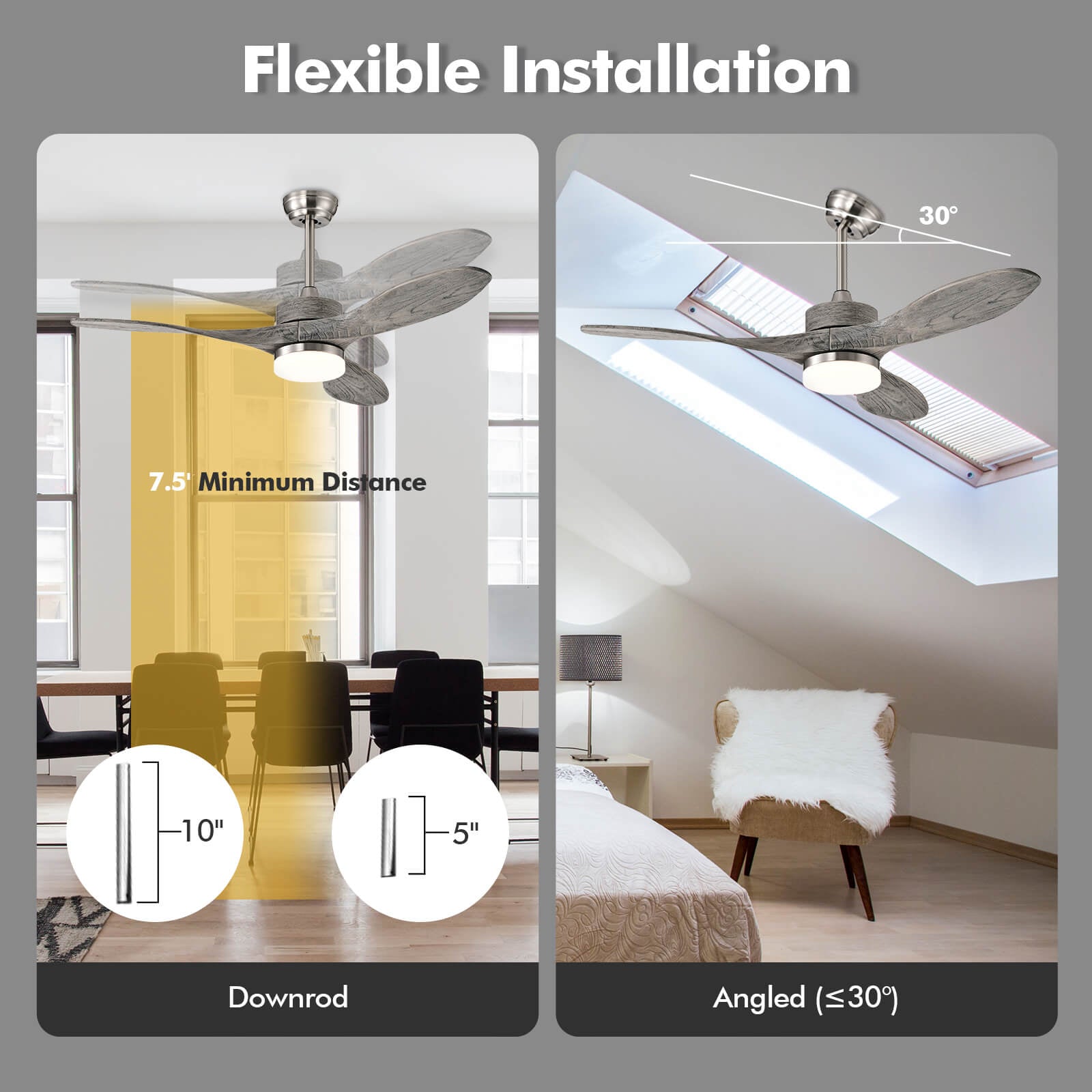 48 Inch Wood Ceiling Fan with LED Lights and 6 Speed Levels, Silver Ceiling Fans at Gallery Canada