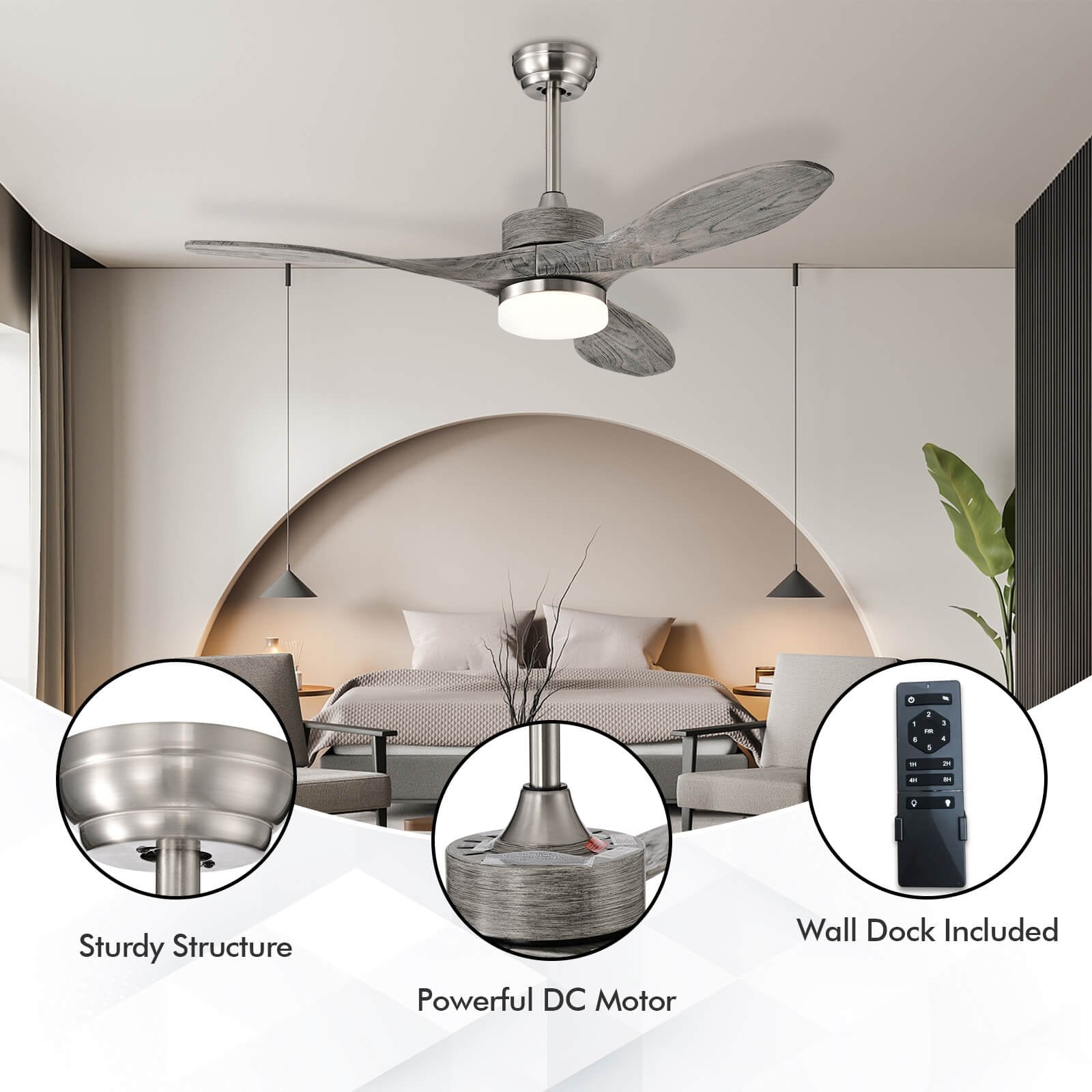 48 Inch Wood Ceiling Fan with LED Lights and 6 Speed Levels, Silver Ceiling Fans   at Gallery Canada