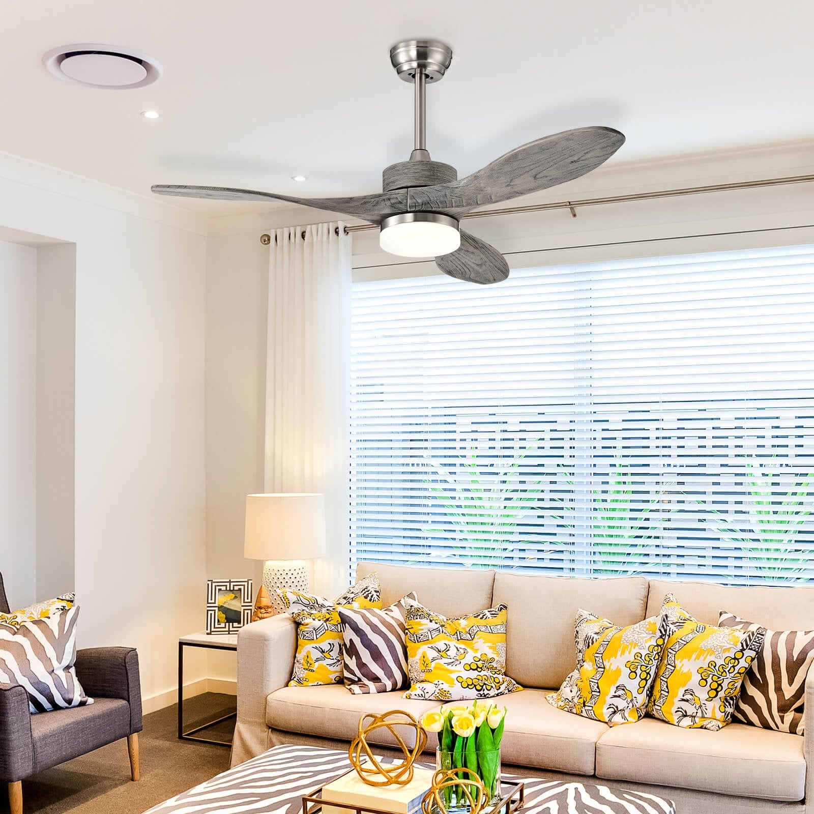 48 Inch Wood Ceiling Fan with LED Lights and 6 Speed Levels, Silver Ceiling Fans   at Gallery Canada