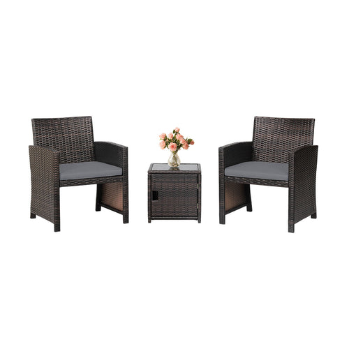 3 Pieces Patio Wicker Furniture Set with Storage Table and Protective Cover, Gray