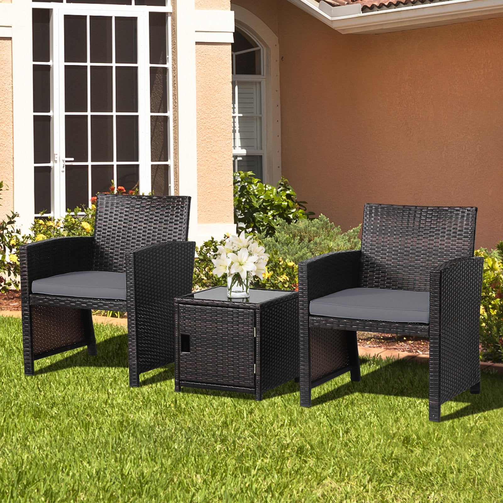 3 Pieces Patio Wicker Furniture Set with Storage Table and Protective Cover, Gray Patio Conversation Sets   at Gallery Canada