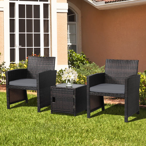 3 Pieces Patio Wicker Furniture Set with Storage Table and Protective Cover, Gray