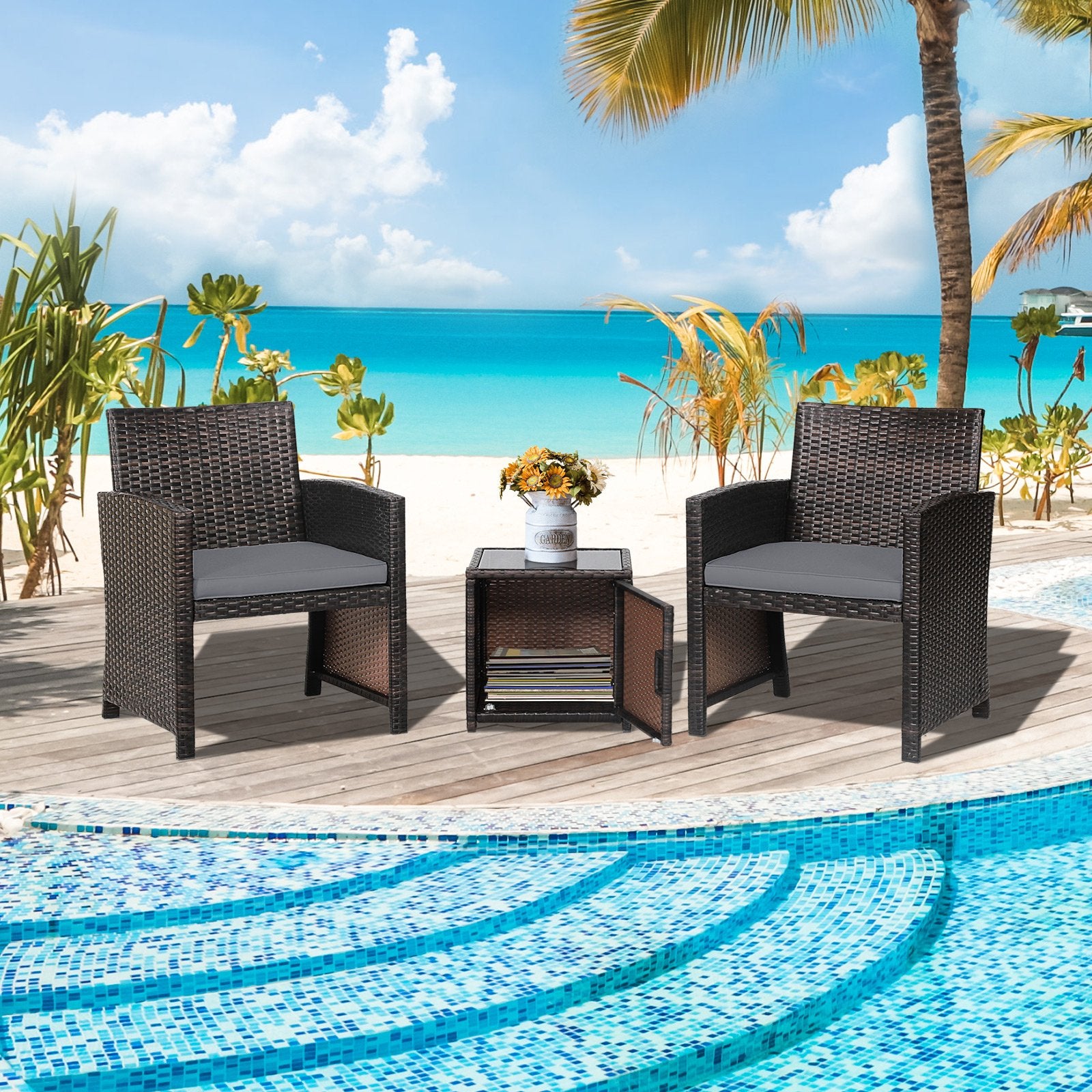 3 Pieces Patio Wicker Furniture Set with Storage Table and Protective Cover, Gray Patio Conversation Sets   at Gallery Canada