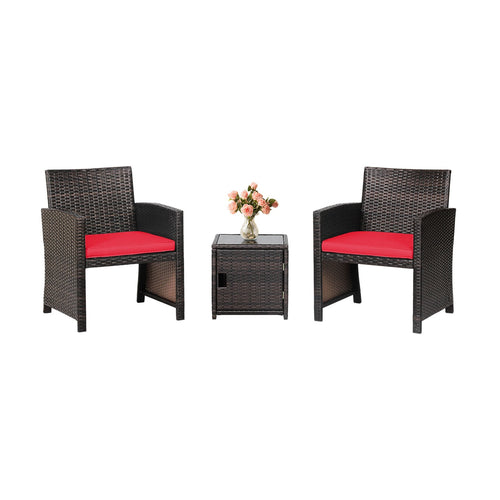 3 Pieces Patio Wicker Furniture Set with Storage Table and Protective Cover, Red