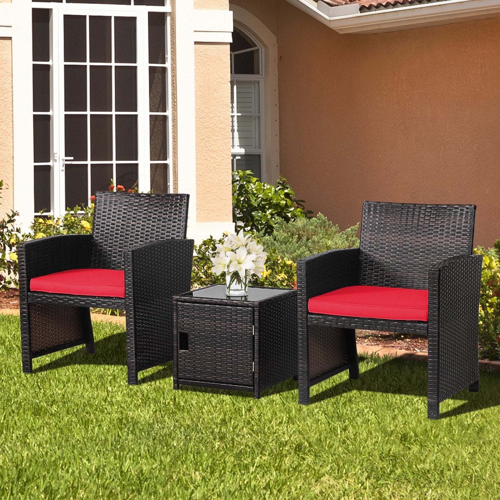 3 Pieces Patio Wicker Furniture Set with Storage Table and Protective Cover, Red Patio Conversation Sets   at Gallery Canada