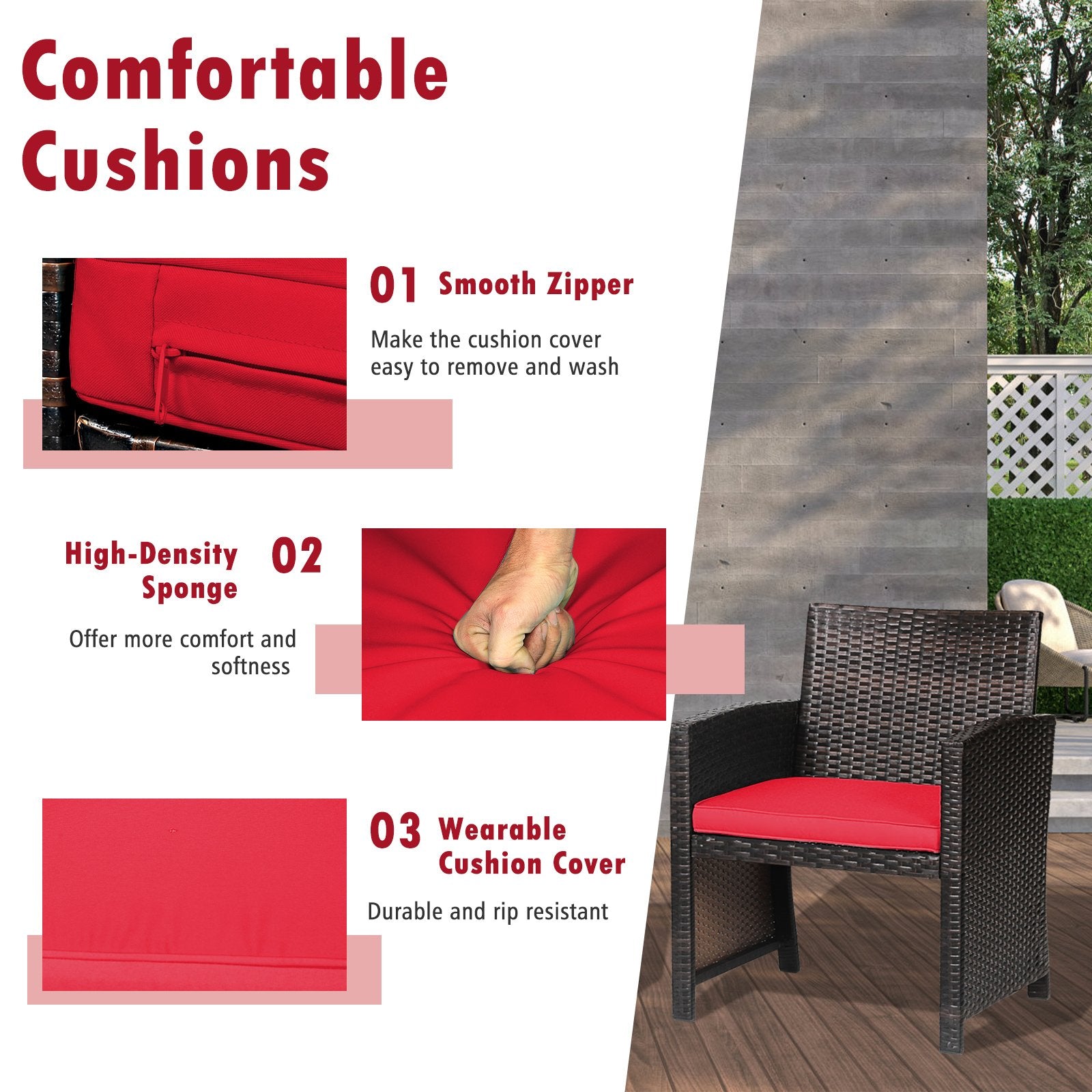 3 Pieces Patio Wicker Furniture Set with Storage Table and Protective Cover, Red Patio Conversation Sets   at Gallery Canada