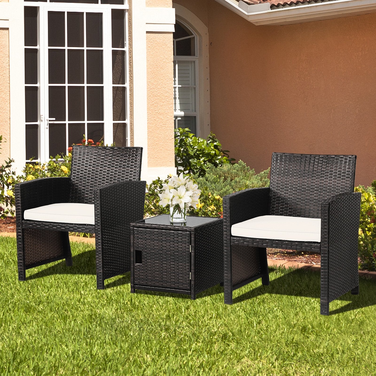 3 Pieces Patio Wicker Furniture Set with Storage Table and Protective Cover, Off White Patio Conversation Sets   at Gallery Canada