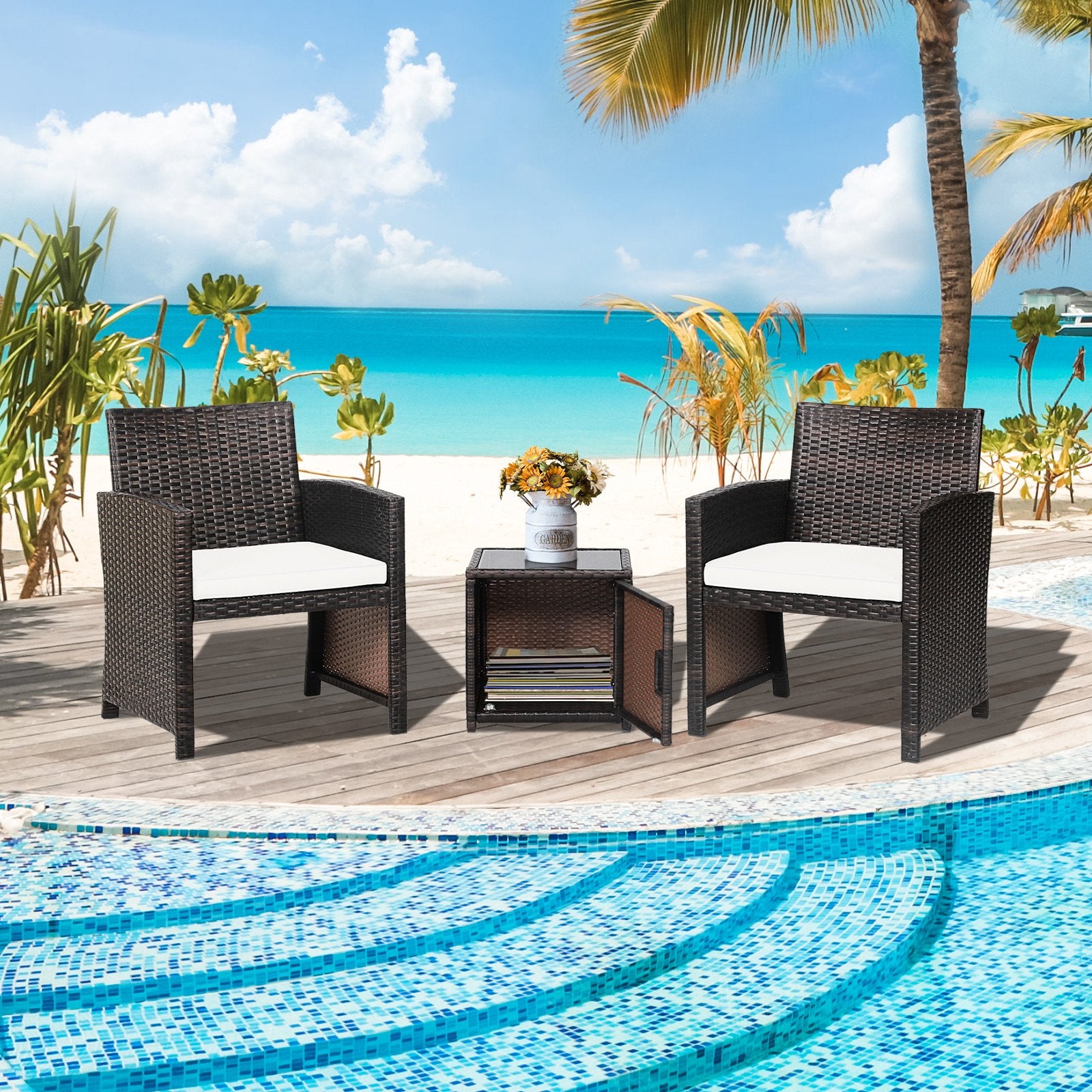 3 Pieces Patio Wicker Furniture Set with Storage Table and Protective Cover, Off White Patio Conversation Sets   at Gallery Canada