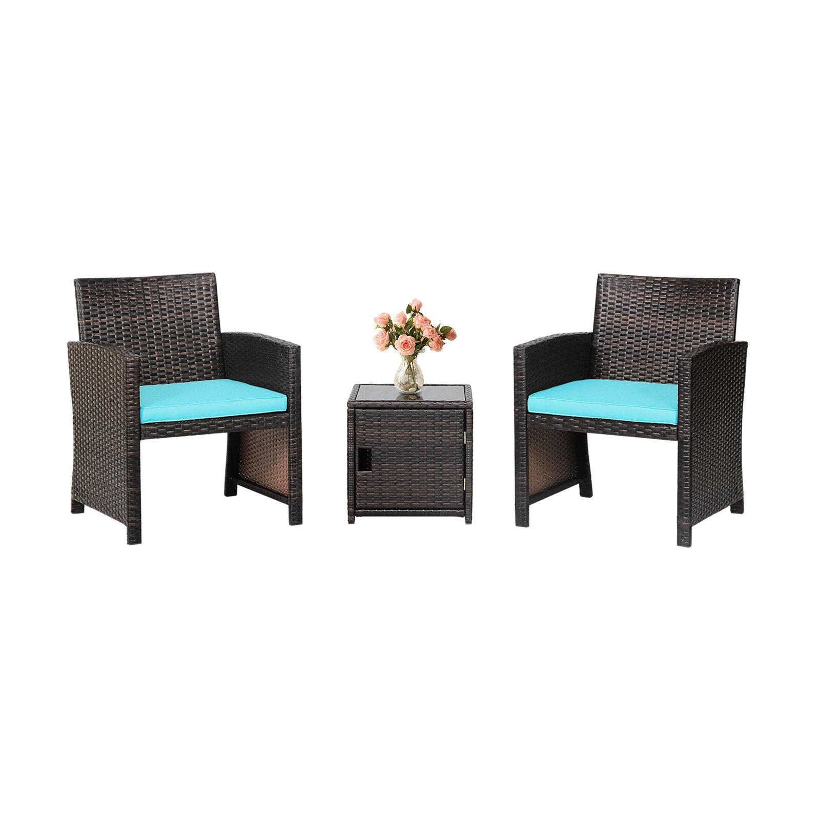 3 Pieces Patio Wicker Furniture Set with Storage Table and Protective Cover, Turquoise Patio Conversation Sets   at Gallery Canada