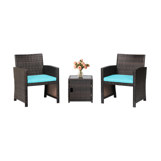 3 Pieces Patio Wicker Furniture Set with Storage Table and Protective Cover, Turquoise - Gallery Canada