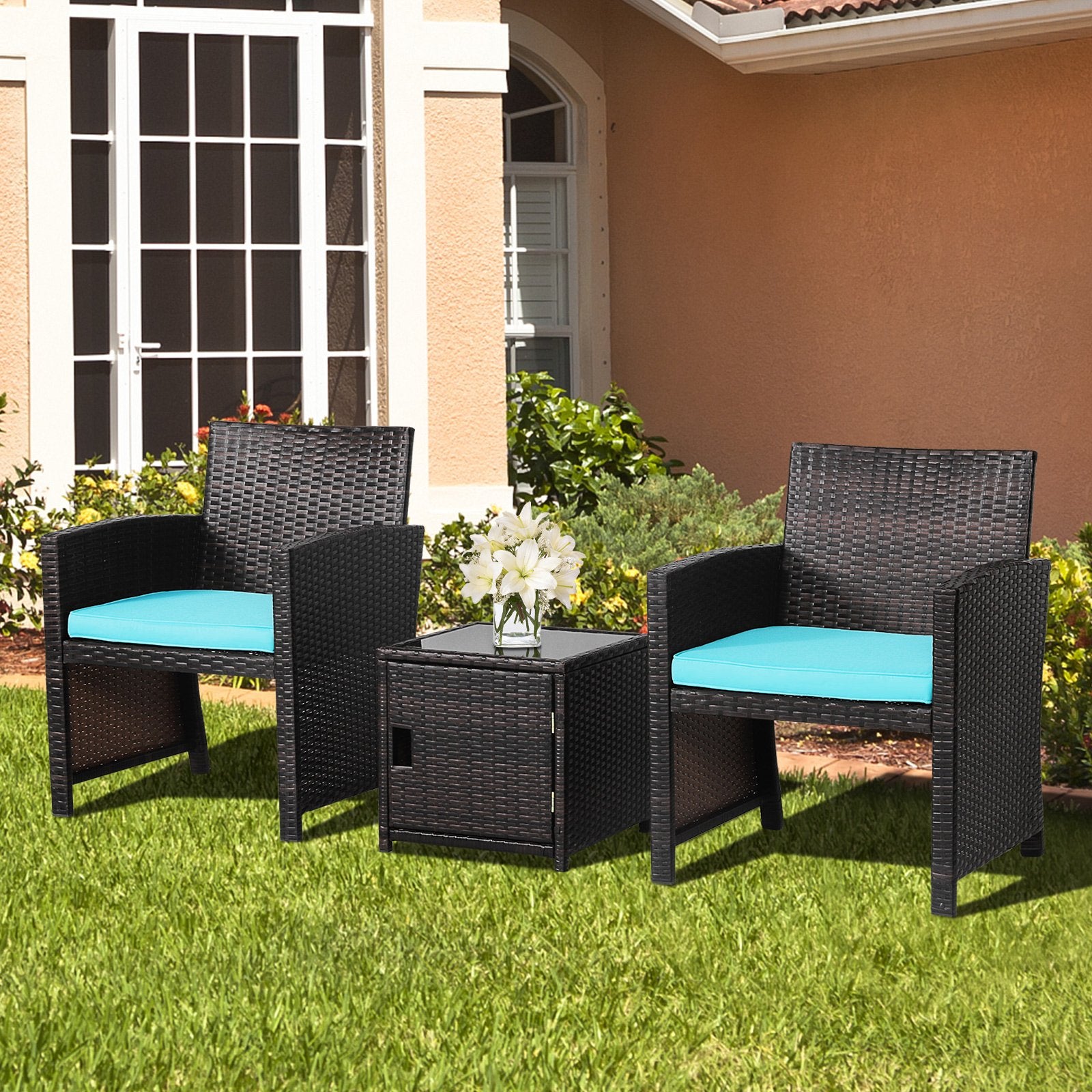 3 Pieces Patio Wicker Furniture Set with Storage Table and Protective Cover, Turquoise Patio Conversation Sets   at Gallery Canada